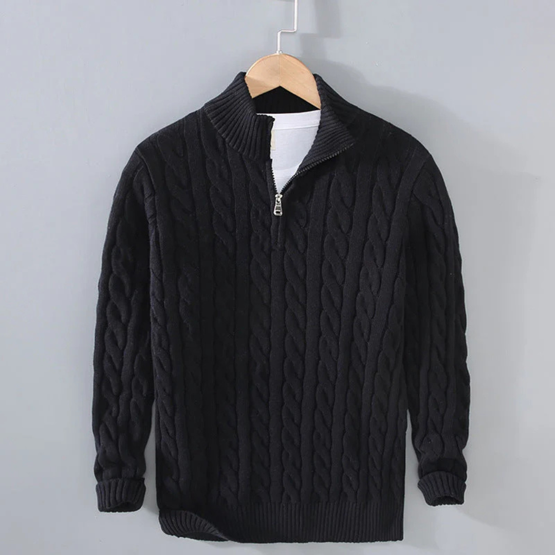 Pullover mit Zopfmuster & Stehkragen-Reißverschluss 100% Cotton – NordicClassic Knit