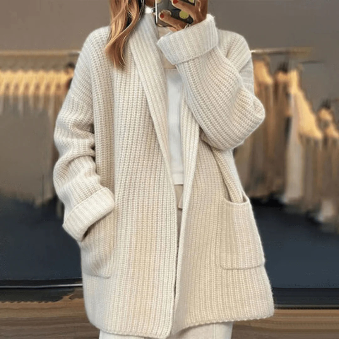 Pullover-Strickjacke lang mit elegantem Schnitt & offener Front – CozyCharm Cardigan
