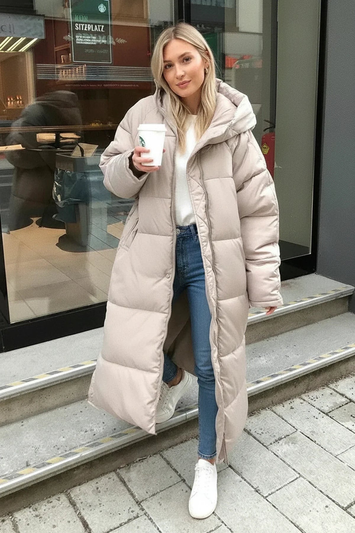 Lange Steppjacke mit Kapuze für Damen