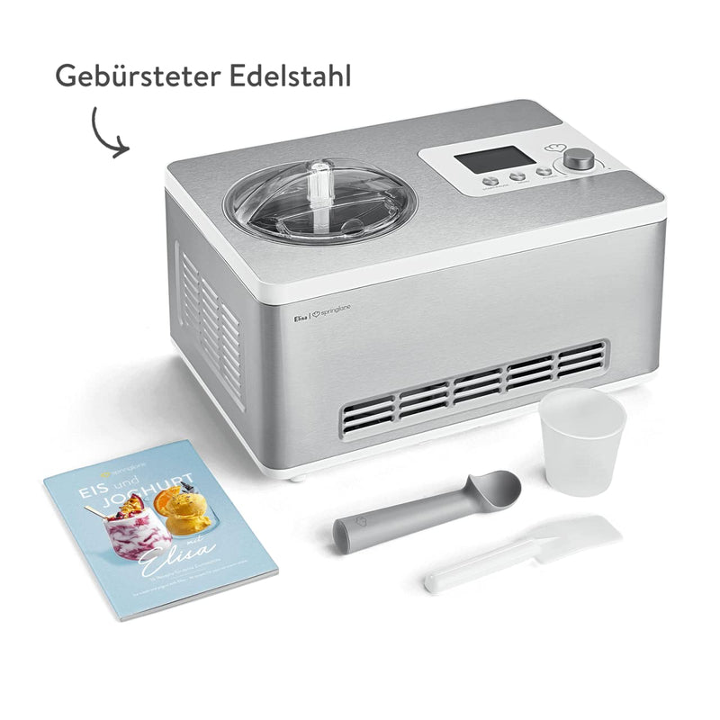 SPRINGLANE Eismaschine & Joghurtbereiter Elisa 2,0 L mit selbstkühlendem Kompressor 180 W, aus Edelstahl mit Kühl- und Heizfunktion, inkl. Rezeptheft