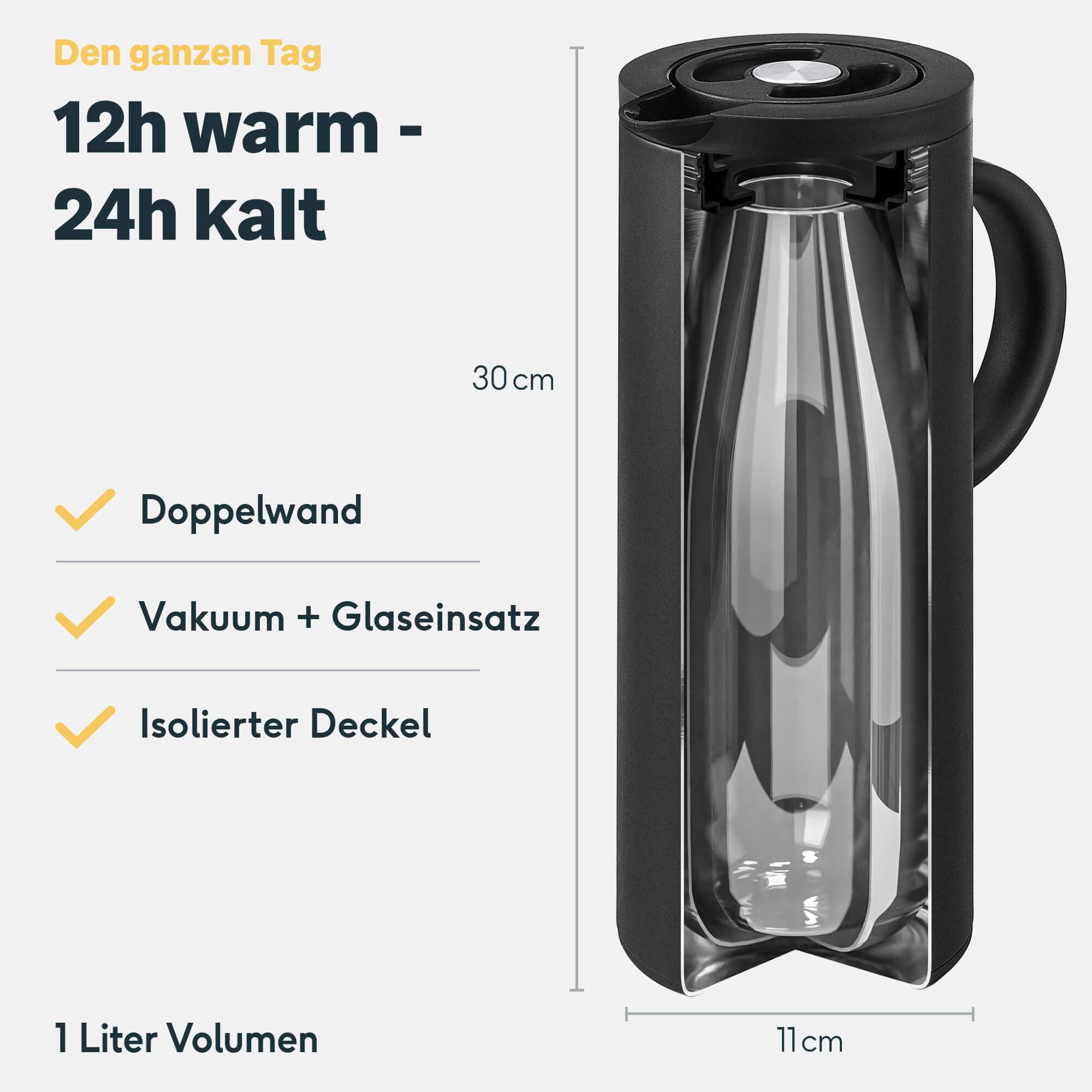 SILBERTHAL Thermoskanne 1l Edelstahl - Doppelwandige Isolierkanne mit Drehverschluss & Glaseinsatz - Moderne Kaffeekanne in Schwarz Matt