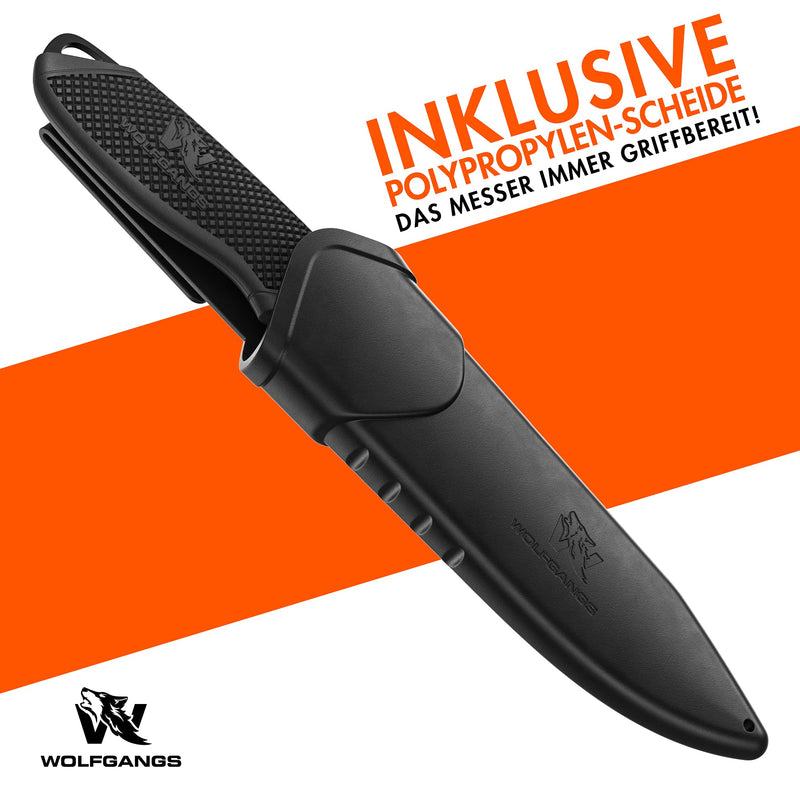 Wolfgangs W1 Outdoor Messer feststehende Klinge - Inkl. Scheide - Ideales Jagdmesser aus einem Stück 440C Stahl gefertigt - Premium Survival Messer - Perfektes Bushcraft Messer Outdoor (Schwarz)