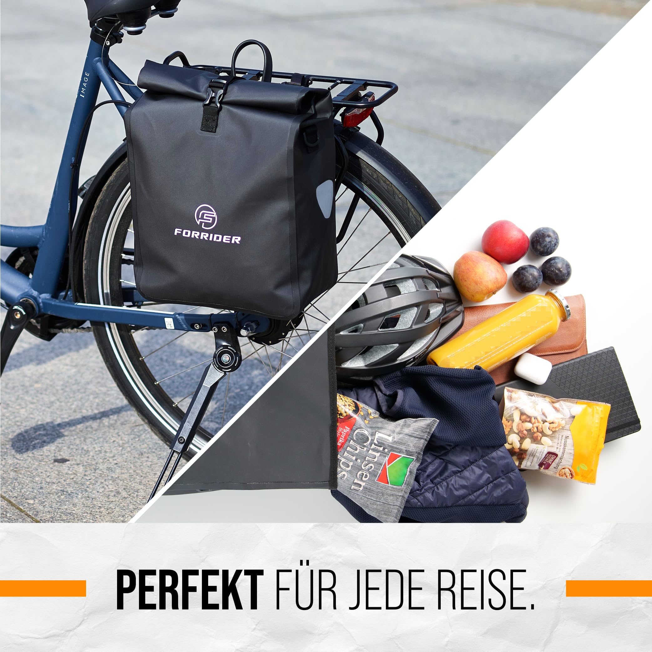 Forrider Fahrradtaschen Set Wasserdicht für Gepäckträger [2x22L Volumen] mit Schultergurt | Gepäckträgertasche | Einzel | Fahrrad Tasche Packtasche hält an jedem Gepäckträger