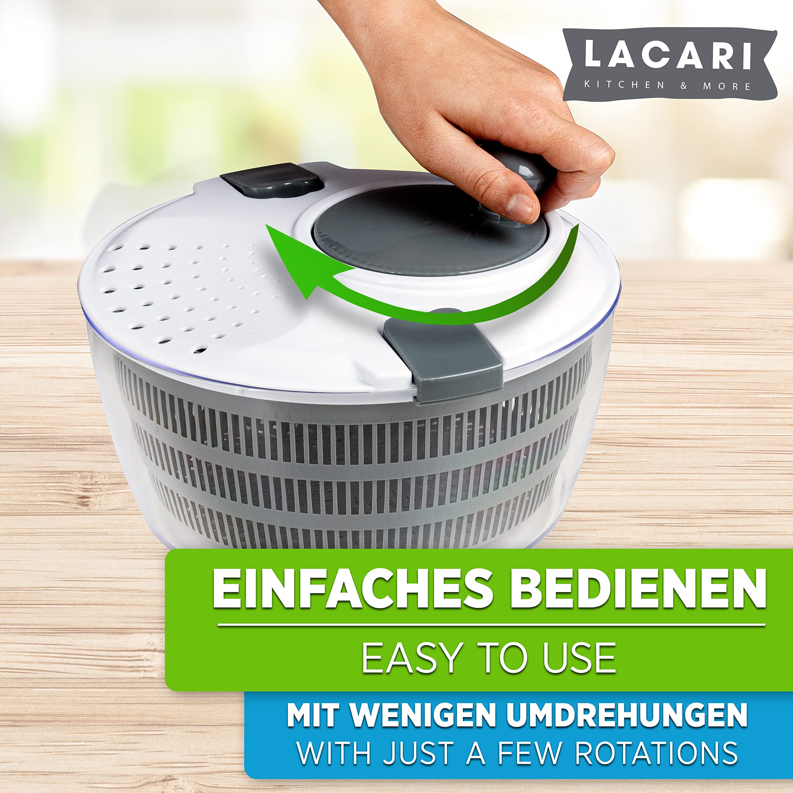 Salatschleuder | Salad Spinner 4 Liter | Lacari ORIGINAL Salatschleuder mit Deckel | Salatschleuder Groß | Eisbergsalat Siebeinsatz | Salatschleuder mit Ebook | Salat Schleuder Neue Gen. 2023