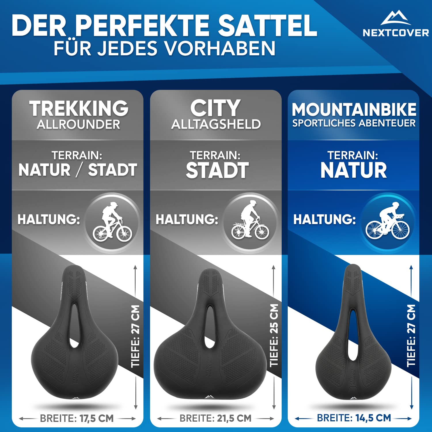 NEXTCOVER® Fahrradsattel mit Memory-Foam 2.0 und [Volume-Air] Federung I maximaler Fahrkomfort I ergonomischer Fahrrad Sattel für Damen & Herren I Sattel bequem I Rennrad, Trekking, City