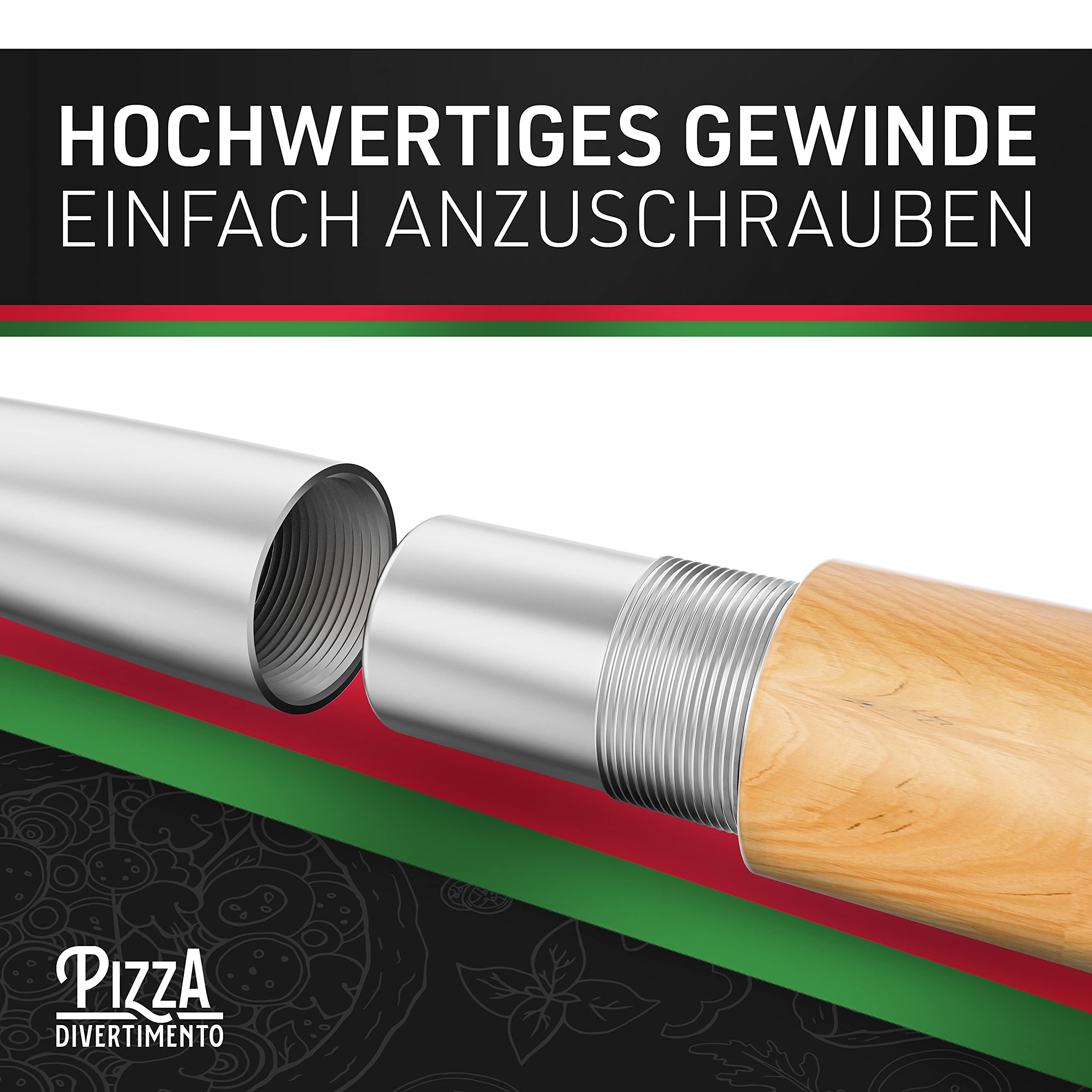 Pizza Divertimento [DAS ORIGINAL - Pizzaschieber - Pizzaschaufel aus rostfreiem Aluminium [83 cm]- Robustes Gewinde - Pizzaheber mit abgerundeten Kanten - Inkl. e-Rezeptbuch