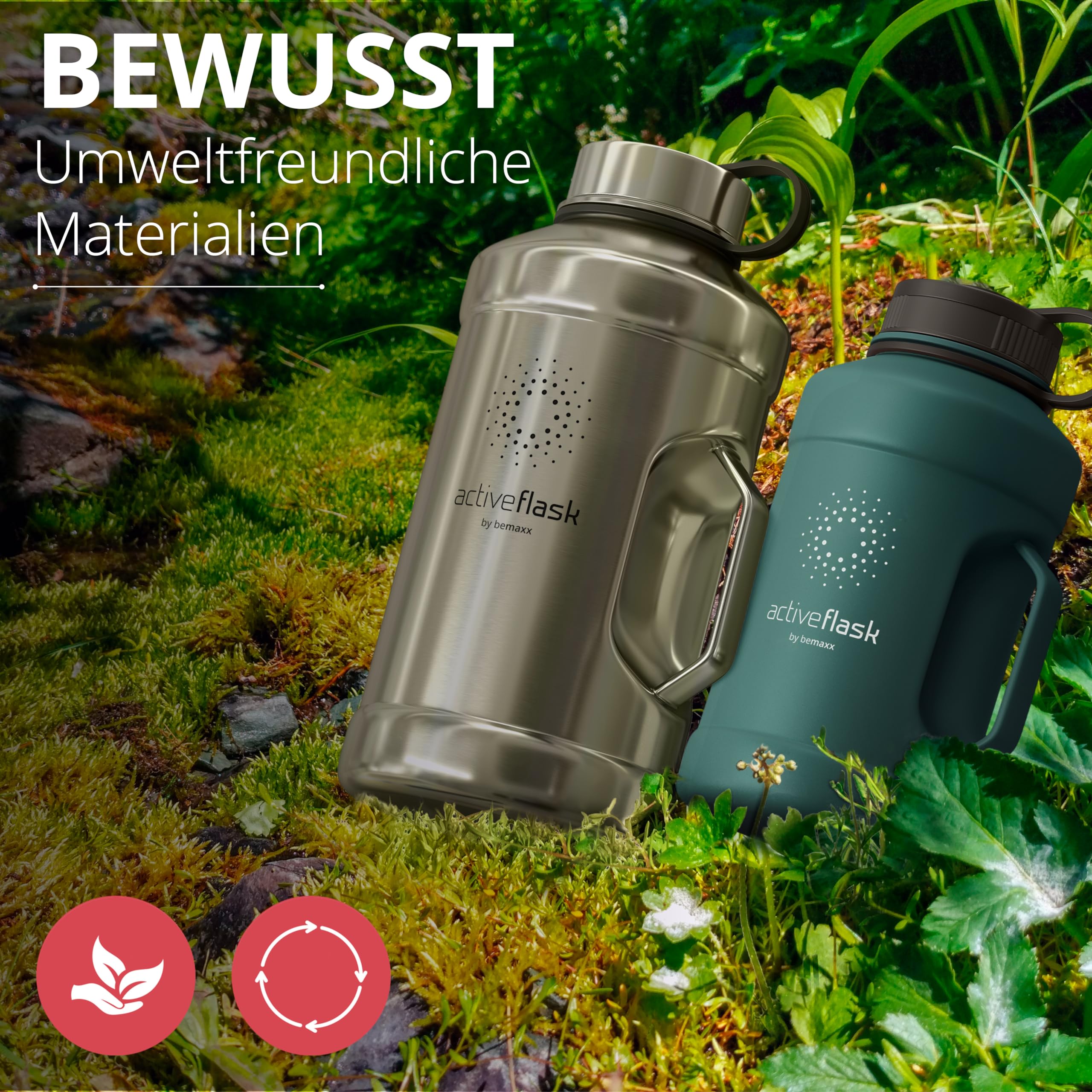 BeMaxx Trinkflasche Edelstahl ACTIVE FLASK + Strohhalm (3 Deckel) | Große 1,3 Liter Sportflasche BPA-frei Auslaufsicher Kohlensäure geeignet, 2l XL Wasserflasche Sport Outdoor Fitness Wasser Flasche