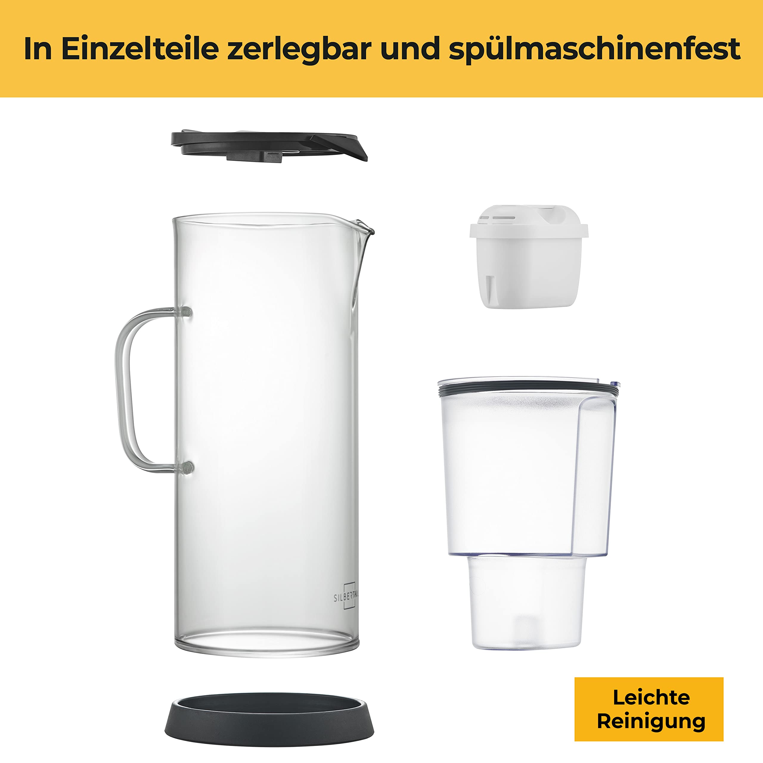 SILBERTHAL Wasser Filterkannen Set inkl. 6er Pack Filterkartuschen - Glas - Reduziert Kalk und Chlor - 2,7 Liter