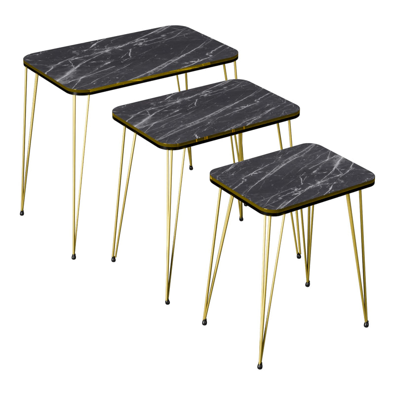 [en.casa] Beistelltisch-Set Rudkøbing Satztisch 3er Set Schwarze Marmor-Optik Wohnzimmertisch mit eckiger Tischplatte Hairpinlegs Metall Goldfarben Sofatisch