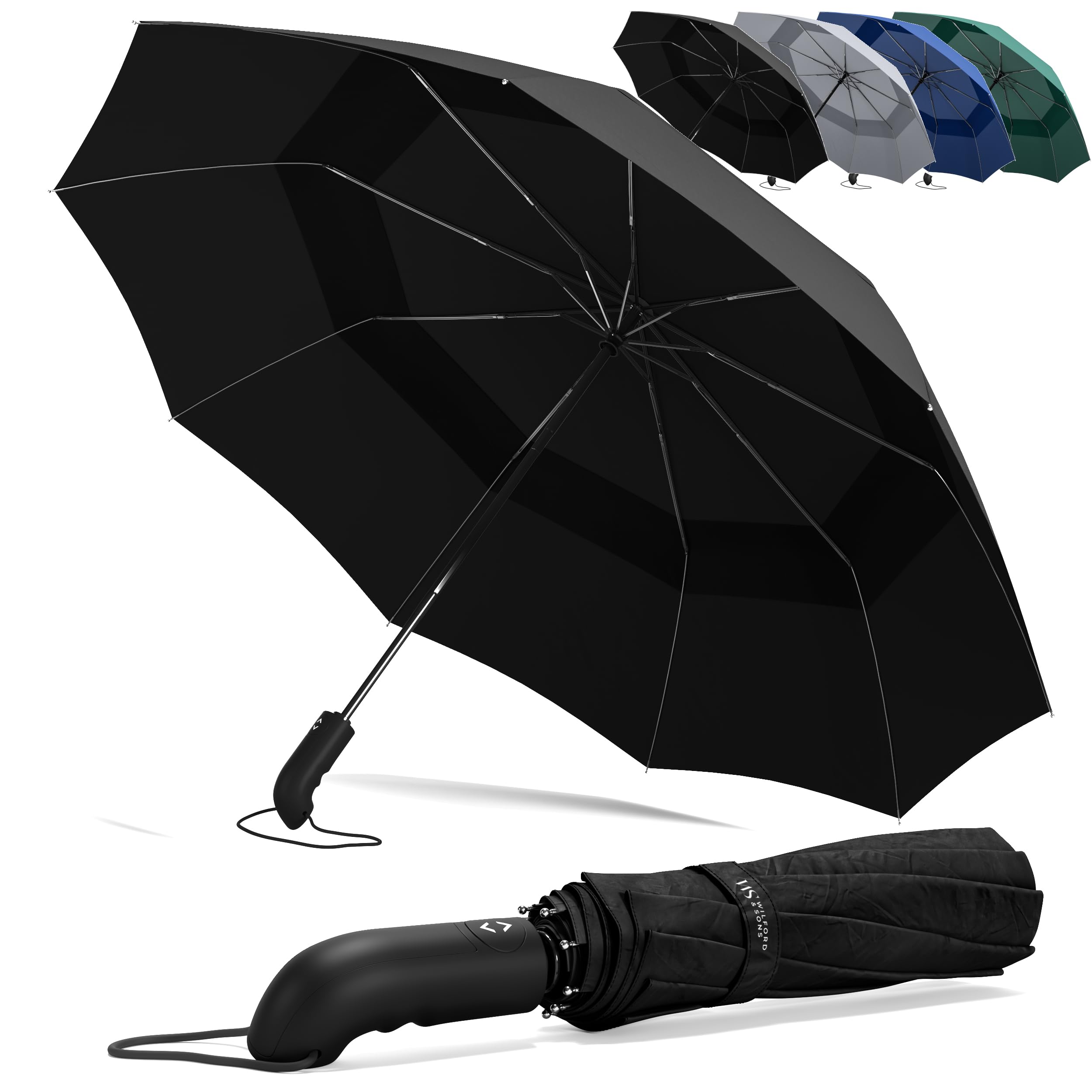 Regenschirm Taschenschirm Sturmfest + Auf-Zu Automatik & Schirm-Tasche, Schwarz | Herren Damen Reiseschirm - Kompakt Stabil, Teflon Wind- & Regen- Dicht | Taschenregenschirm Golfschirm Umbrella