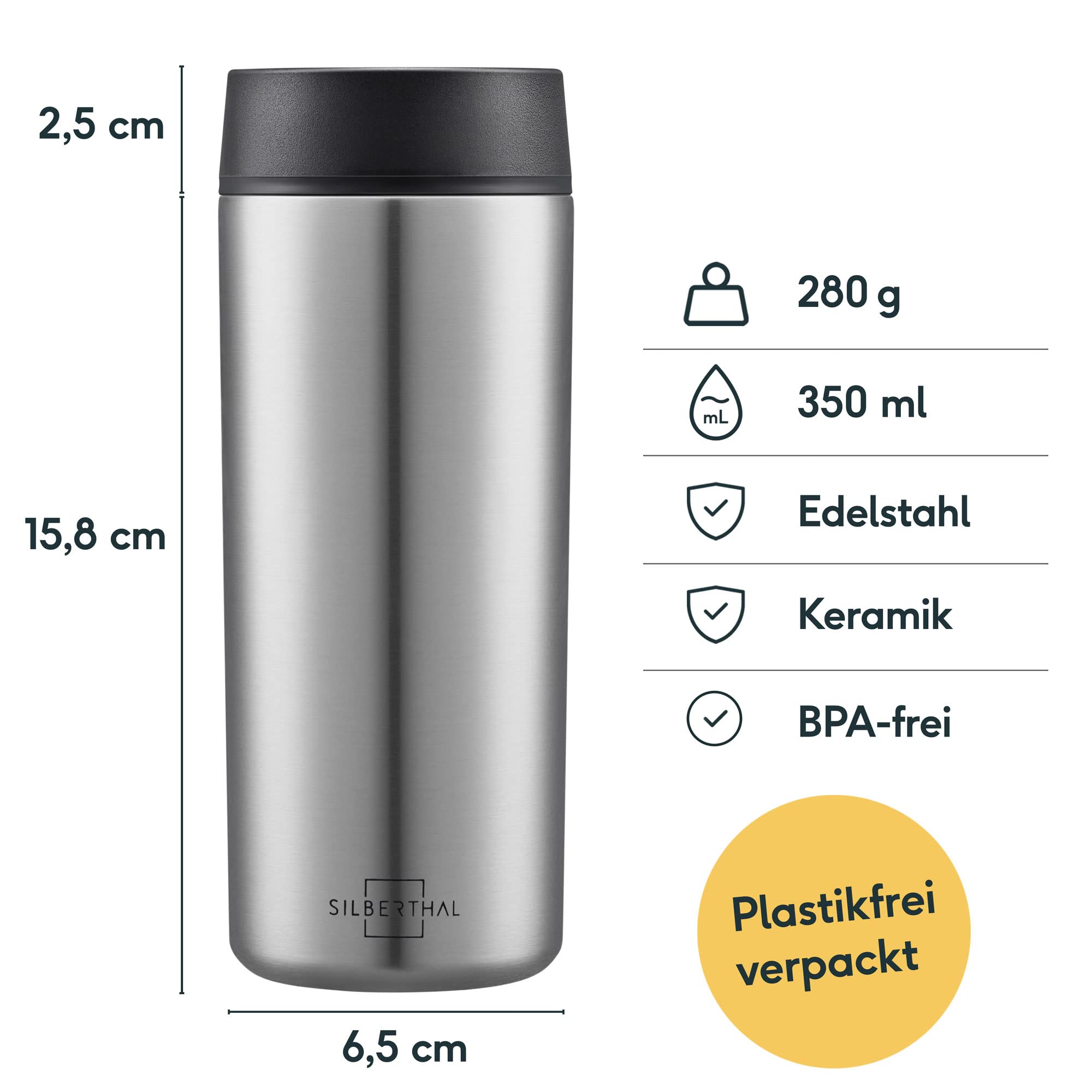 SILBERTHAL Thermobecher 350ml Edelstahl – Auslaufsicherer Kaffeebecher to go mit Keramik – Coffee Cup in Silber - Bis zu 6h warm und 12h kalt