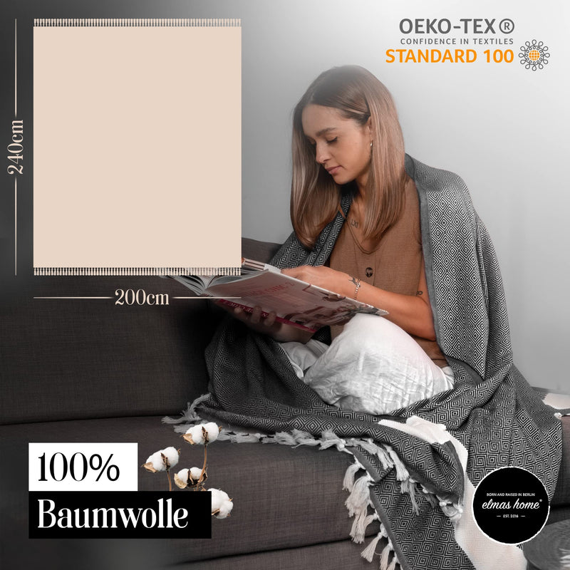 Elmas Home® Baumwolldecke 100% natürliche Baumwolle | 200x240cm XXL Tagesdecke | Premium Kuscheldecke als Sofaüberwurf, Wohndecke (Classic Diamond, Samt Schwarz)