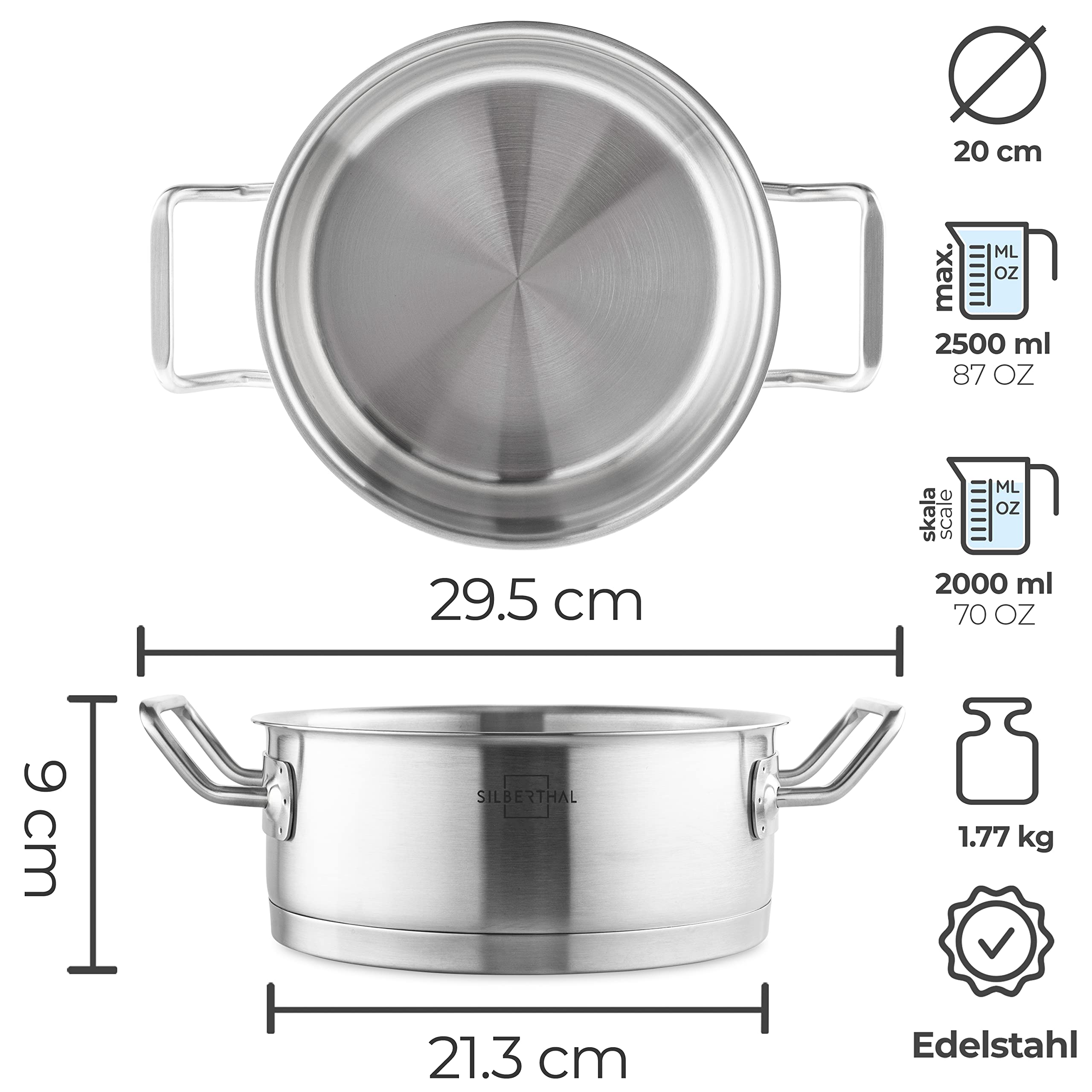 SILBERTHAL Kochtopf Induktion 20 cm - Edelstahl - 2,5L - Topf mit Deckel zum Einhängen - Für alle Herdarten - Ofenfest