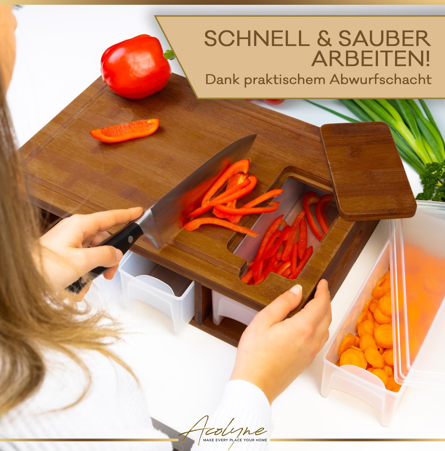 𝐀𝐜𝐨𝐥𝐲𝐧𝐞® XXL Schneidebrett mit Auffangschale aus hoch KARBONISIERTEN BAMBUS mit 4x Schäler-Aufsatz und Abdeckung | Frankfurter Brett | Schneidebrett Holz | Cutting board