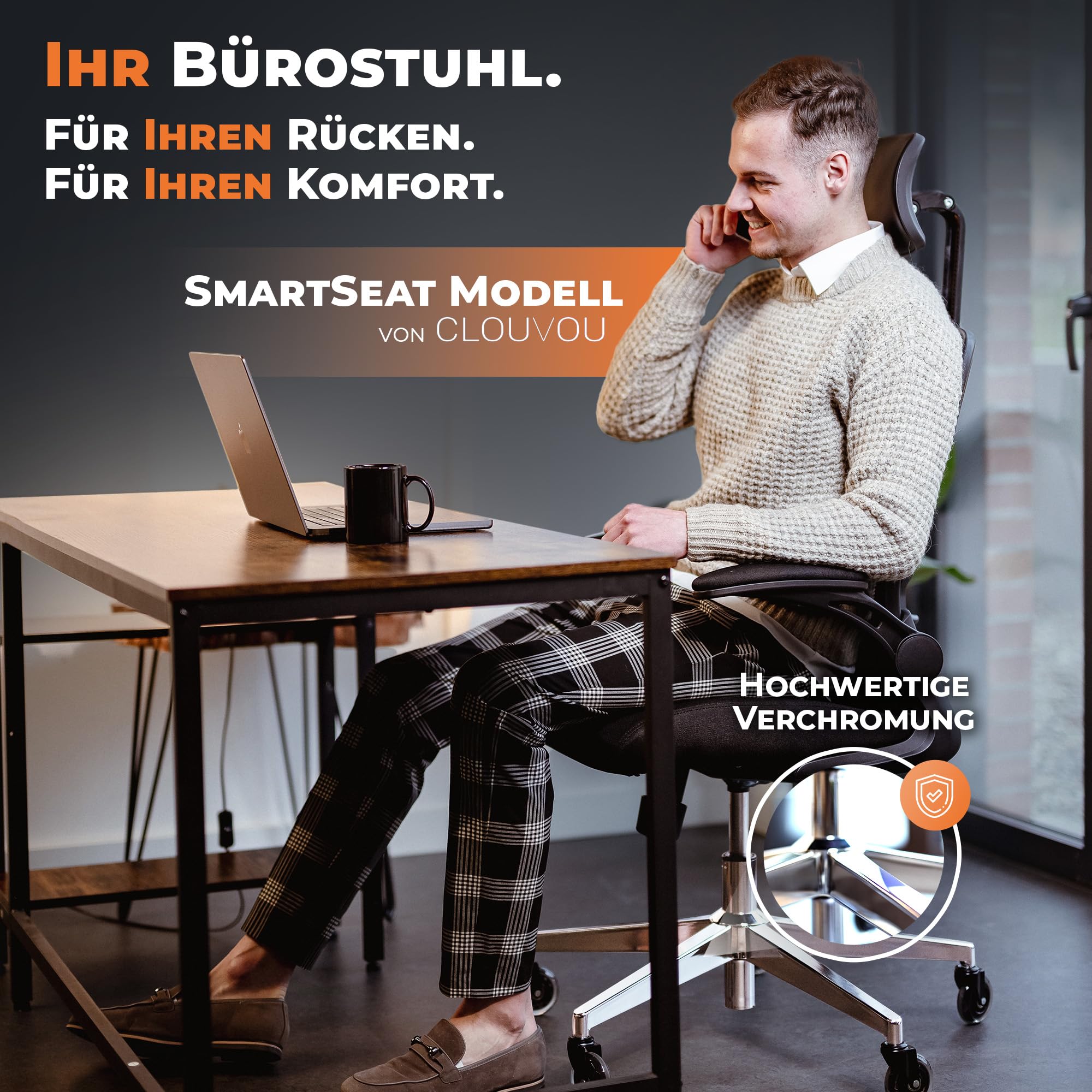 CLOUVOU SmartSeat Bürostuhl Ergonomisch | Schreibtischstuhl [3D PU Leder Kopfstütze, Blade Wheels, Chrom-Metall] | Büro Stuhl Höhenverstellbar & Rückenschonend, Office Chair Drehstuhl 150 kg