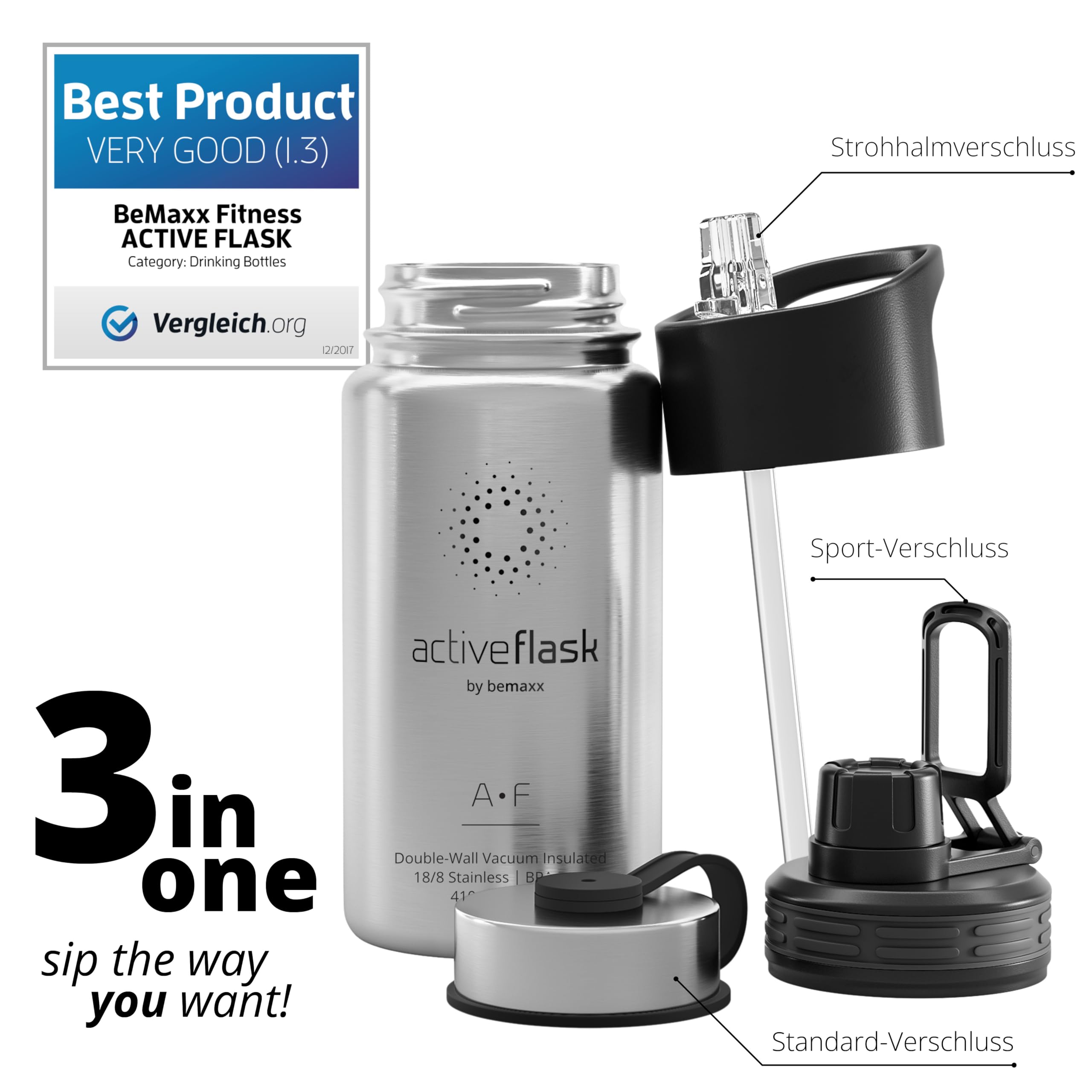 Trinkflasche Edelstahl ACTIVE FLASK + Strohhalm (3 Deckel) BPA-frei, Auslaufsicher, Kohlensäure geeignet - Wasserflasche Fahrrad Thermosflasche Isoliert Isolierflasche Sport Wasser Flasche Kinder Tee