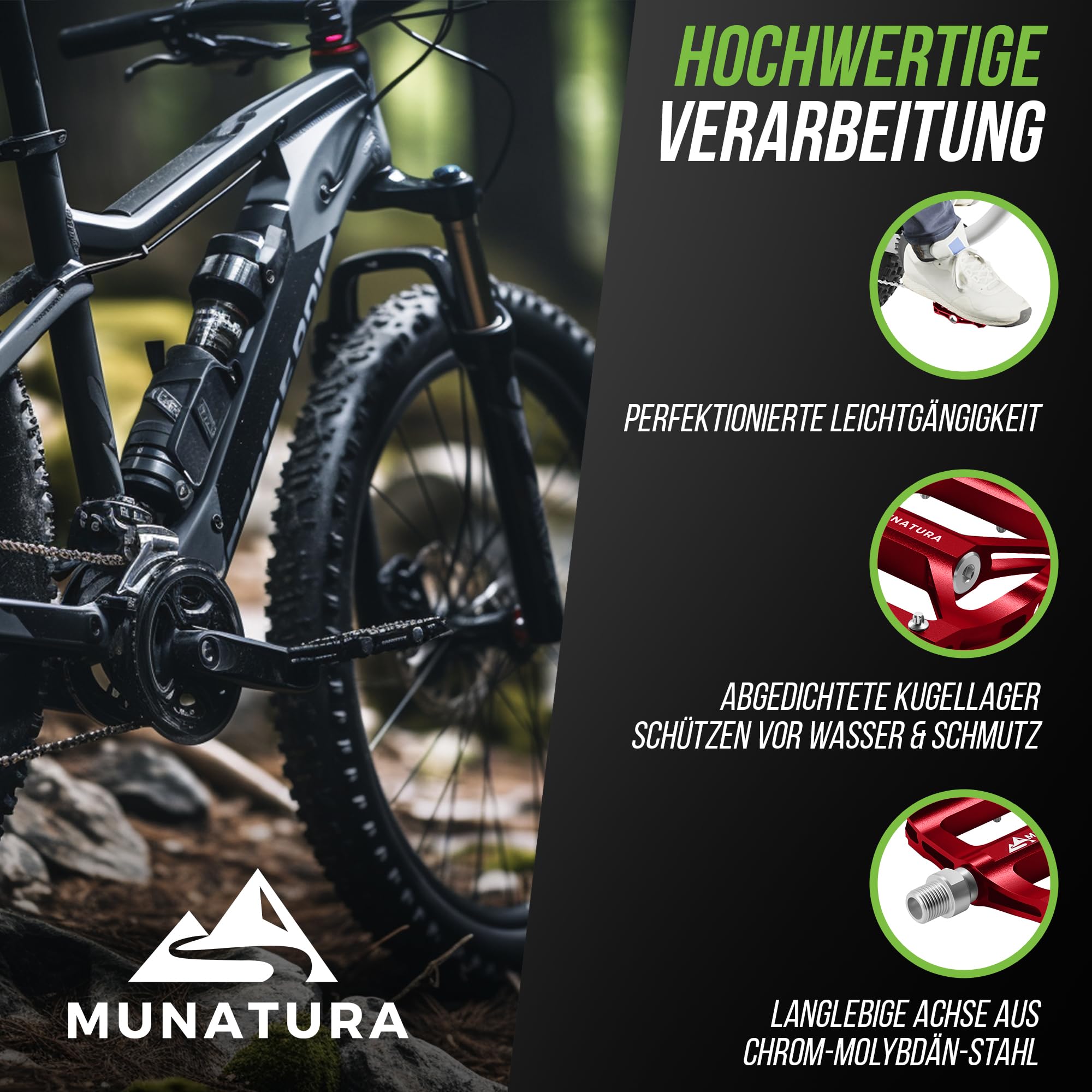 MUNATURA Fahrradpedale Mountainbike - Robuste MTB Pedale gewährleisten sicheres Fahrgefühl – Hohe Rutschfestigkeit - Langlebig & zuverlässig