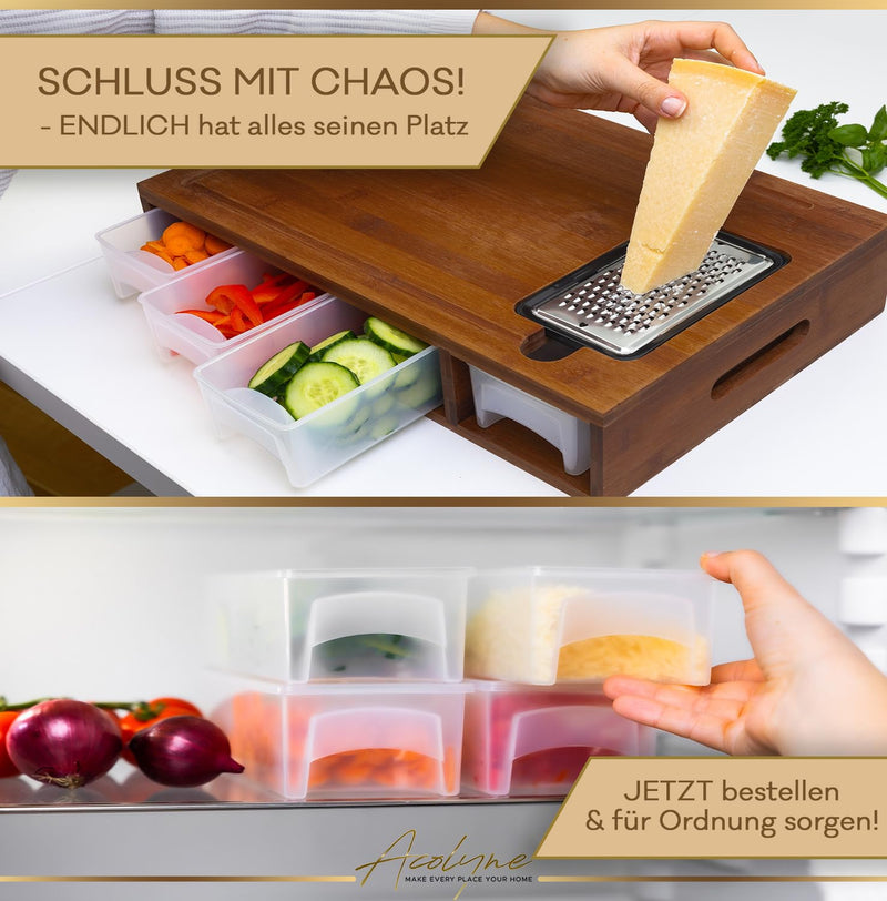 𝐀𝐜𝐨𝐥𝐲𝐧𝐞® XXL Schneidebrett mit Auffangschale aus hoch KARBONISIERTEN BAMBUS mit 4x Schäler-Aufsatz und Abdeckung | Frankfurter Brett | Schneidebrett Holz | Cutting board