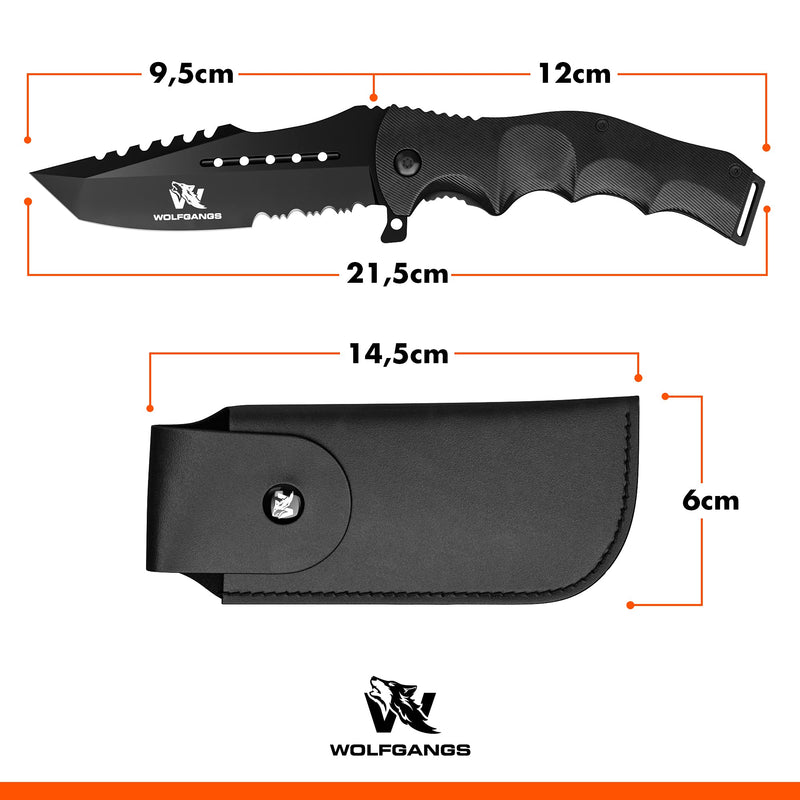 Wolfgangs UNDIQUE Einhand Klappmesser aus feinem 440C Stahl - Einhandmesser mit Leder-Holster - Outdoor Messer mit Multifunktions-Klinge - Starkes Survival Messer - Jagdmesser Bushcraft