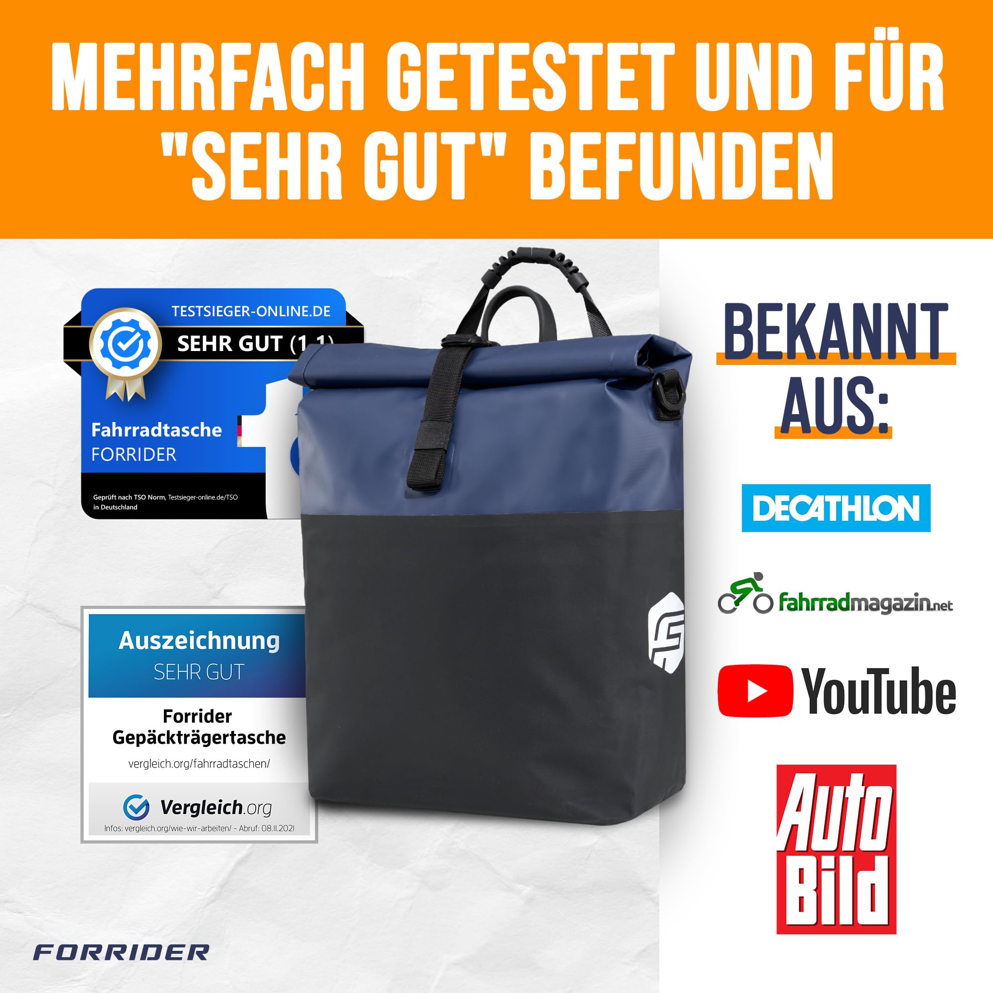 Forrider Fahrradtasche Wasserdicht für Gepäckträger [22L Volumen] mit Schultergurt | Gepäckträgertasche | Einzel | Fahrrad Tasche Packtasche hält an jedem Gepäckträger