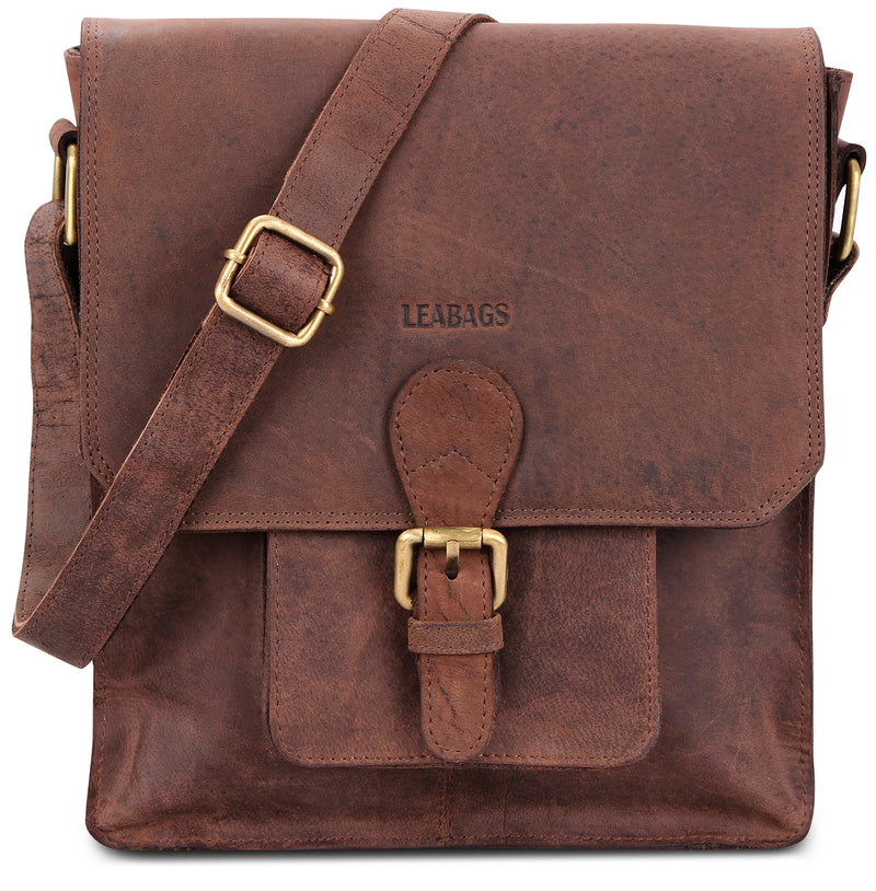 LEABAGS Leder Umhängetasche Herren & Damen I Messenger Bag mit Schultergurt I Schultertasche I Arbeitstasche I Tragetasche I Handtasche I Echtleder Tasche I Nature Dunkelbraun