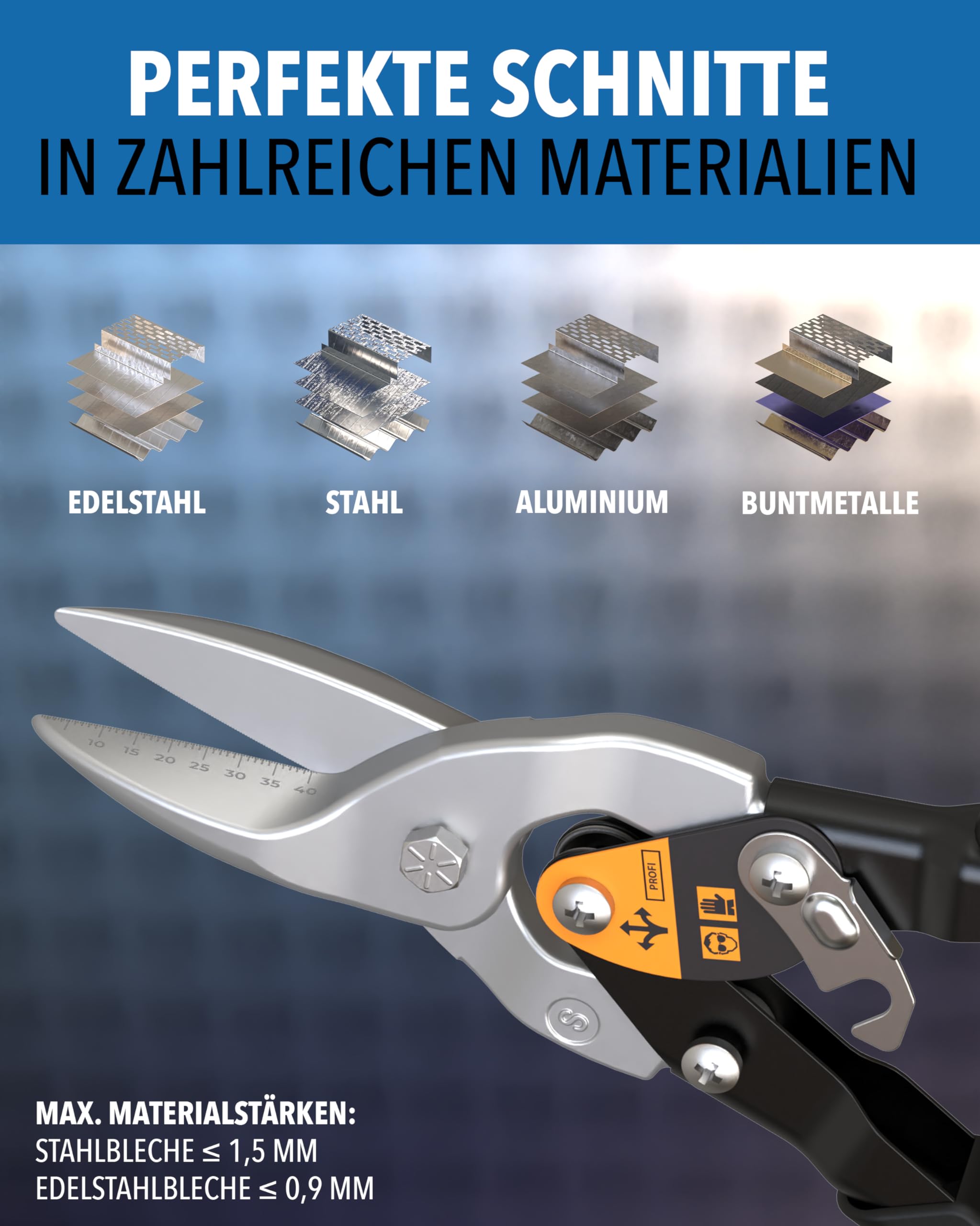 Blechschere Set gerader- & rechter Schnitt - [int. Millimeterskala] - Metallschere für Trockenbau, Trapezblech, Metall, Drahtschere für Drahtgitter, Blech Schneider, Metallschere, Blech Schneiden