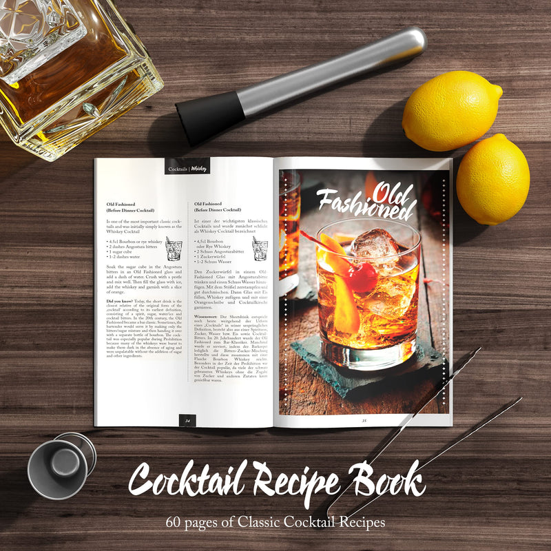 Cocktail Shaker Set mit Ständer & Rezeptbuch: Premium Edelstahl Bar Cocktailset Cocktailshaker Messbecher Strohhalme Barlöffel Stößel | Barkeeper Barset Cocktail-Zubehör Geschenk Frauen Männer