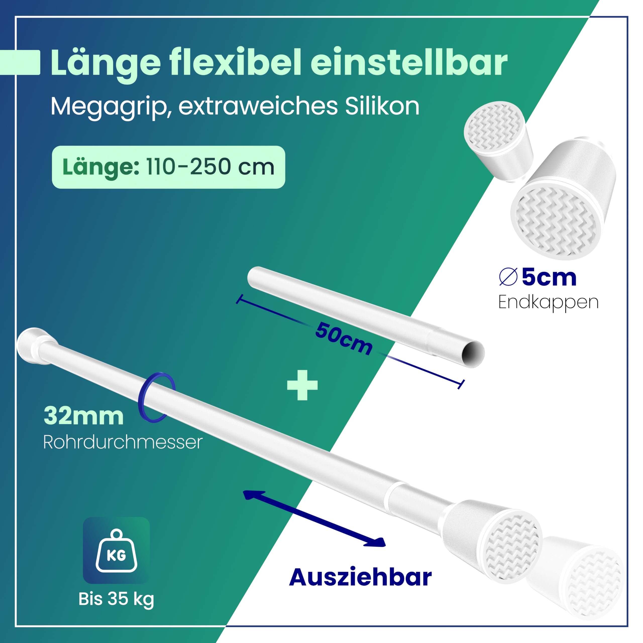 LOBUX® - Gardinenstange ohne bohren [weiß, 110-250cm] – Teleskopstange Vorhang ausziehbar – Duschstange ohne bohren – Vorhangstange, Duschvorhangstange, Kleiderstange, Klemmstange Katzennetz