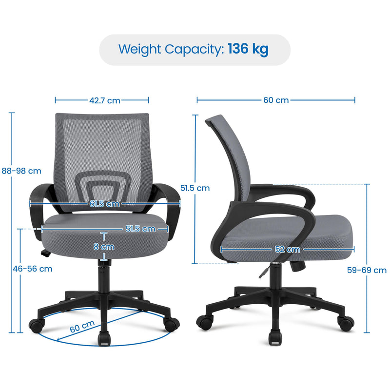 Yaheetech Bürostuhl, Ergonomischer Schreibtischstuhl mit Netzbespannung und Armlehnen, Drehstuhl aus Mesh, Chefsessel Wippfunktion, Höhenverstellbar Rückenschonend bis 136kg Belastbar, Dunkelgrau