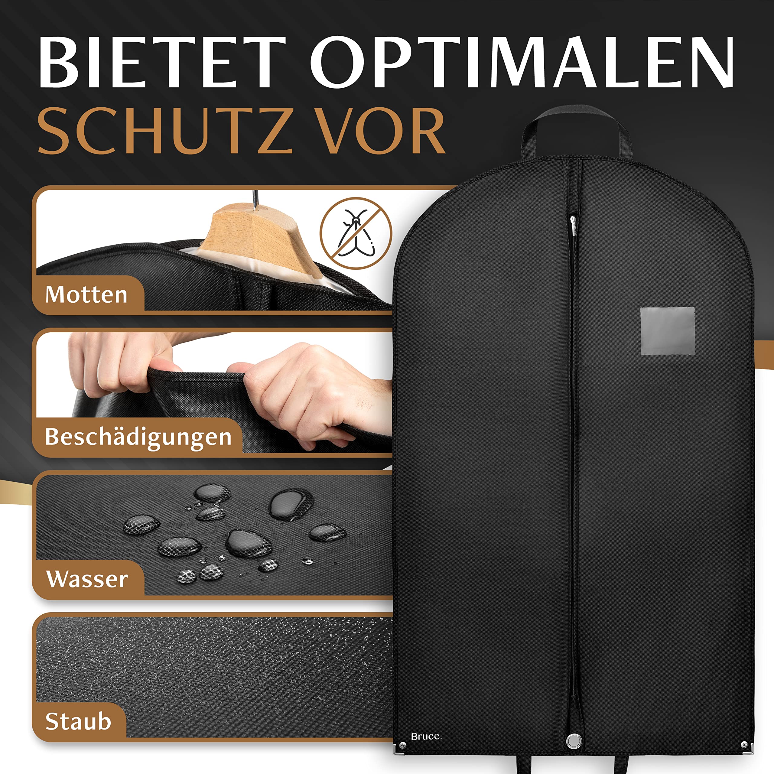 Bruce.® Premium Kleidersack | 160 x 60 cm | Hochwertige Kleiderhülle für Anzug, Jacke und Kleid | Atmungsaktive Anzugtasche für Reisen und Aufbewahrung, Kleidersäcke lang