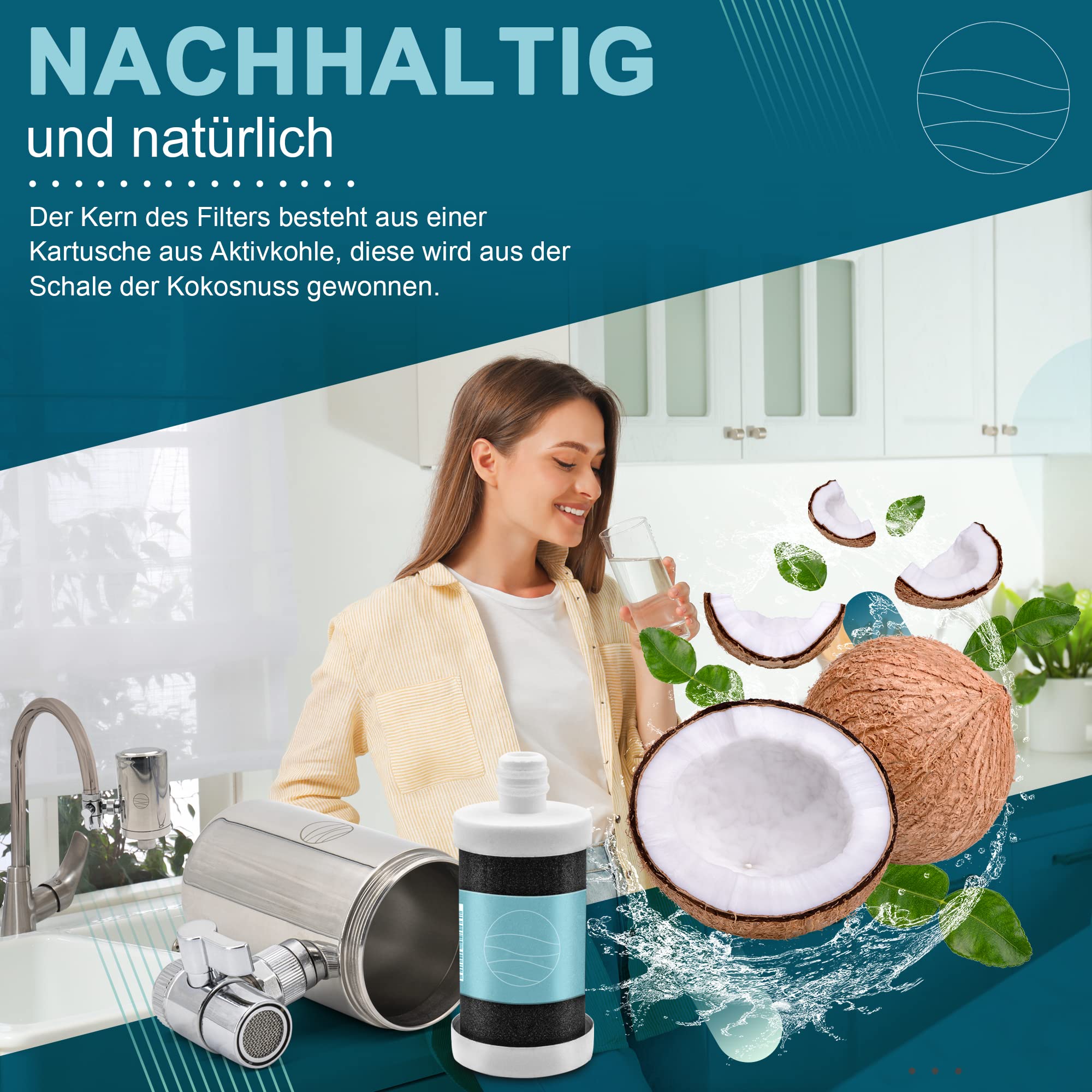 up!water® Wasserfilter für Wasserhahn | Edelstahl | Leitungswasser filtern | Filter für Armatur | Trinkwasserfilter mit Kartusche aus nachhaltigem CoconutBlock