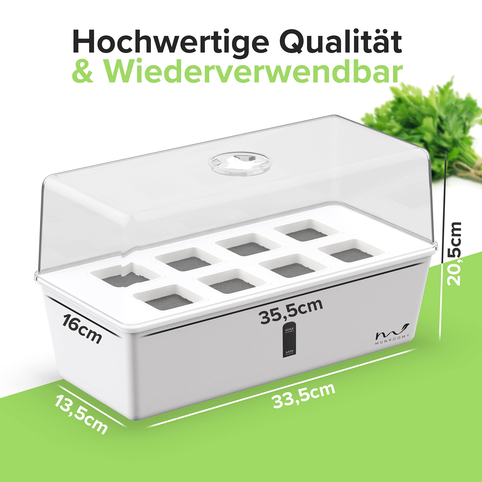 MUNROOMY Mini Gewächshaus - Zimmergewächshaus mit Selbstbewässerungssystem - Ideal als Anzucht Set für die Fensterbank - Indoor Kräutergarten