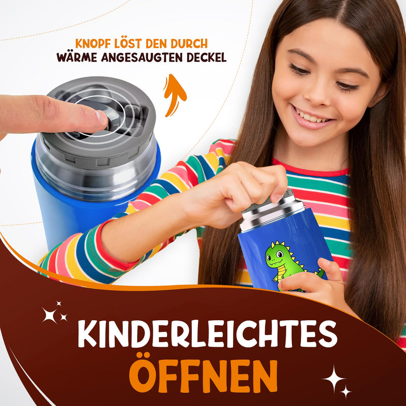 FUNKELFUCHS® Thermobehälter für Essen Kinder – 500ml, Blau Dino – 100% auslaufsicher - Warmhaltebehälter Essen Edelstahl – Thermobecher Essen – Thermo Lunchbox Kinder – Warmhaltebehälter Babybrei