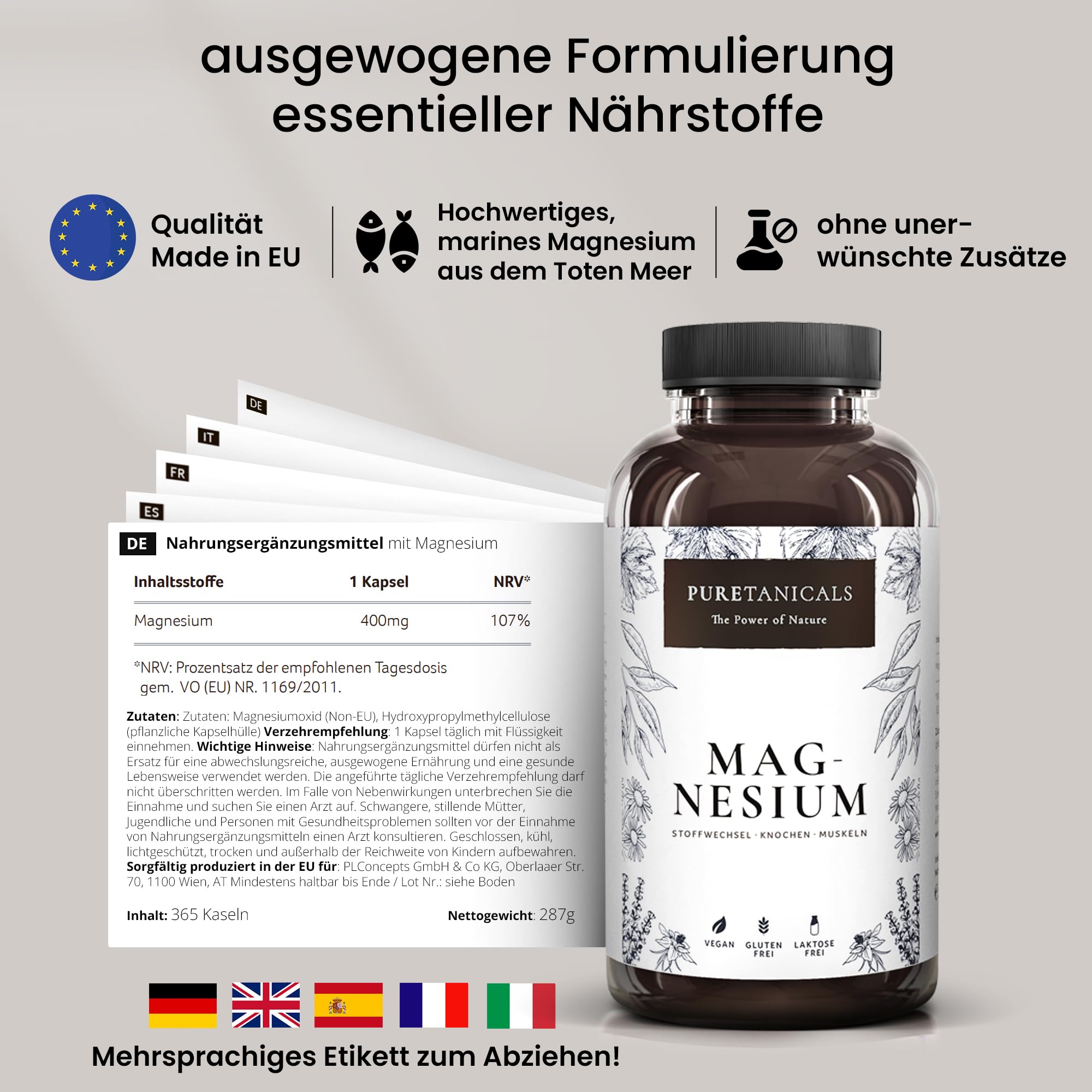 Magnesium Kapseln hochdosiert 365 Stück Familienpackung | Premium 400mg ELEMENTARES (reines) Magnesium je Tablette (664 mg Pulver) - Laborgeprüft ohne Magnesiumstearat vegan