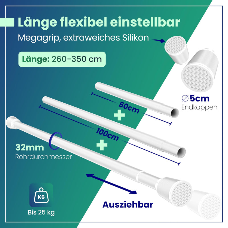 LOBUX® - Gardinenstange ohne bohren [weiß, 260-350cm] – Teleskopstange Vorhang ausziehbar – Duschstange ohne bohren – Vorhangstange, Duschvorhangstange, Kleiderstange, Klemmstange Katzennetz