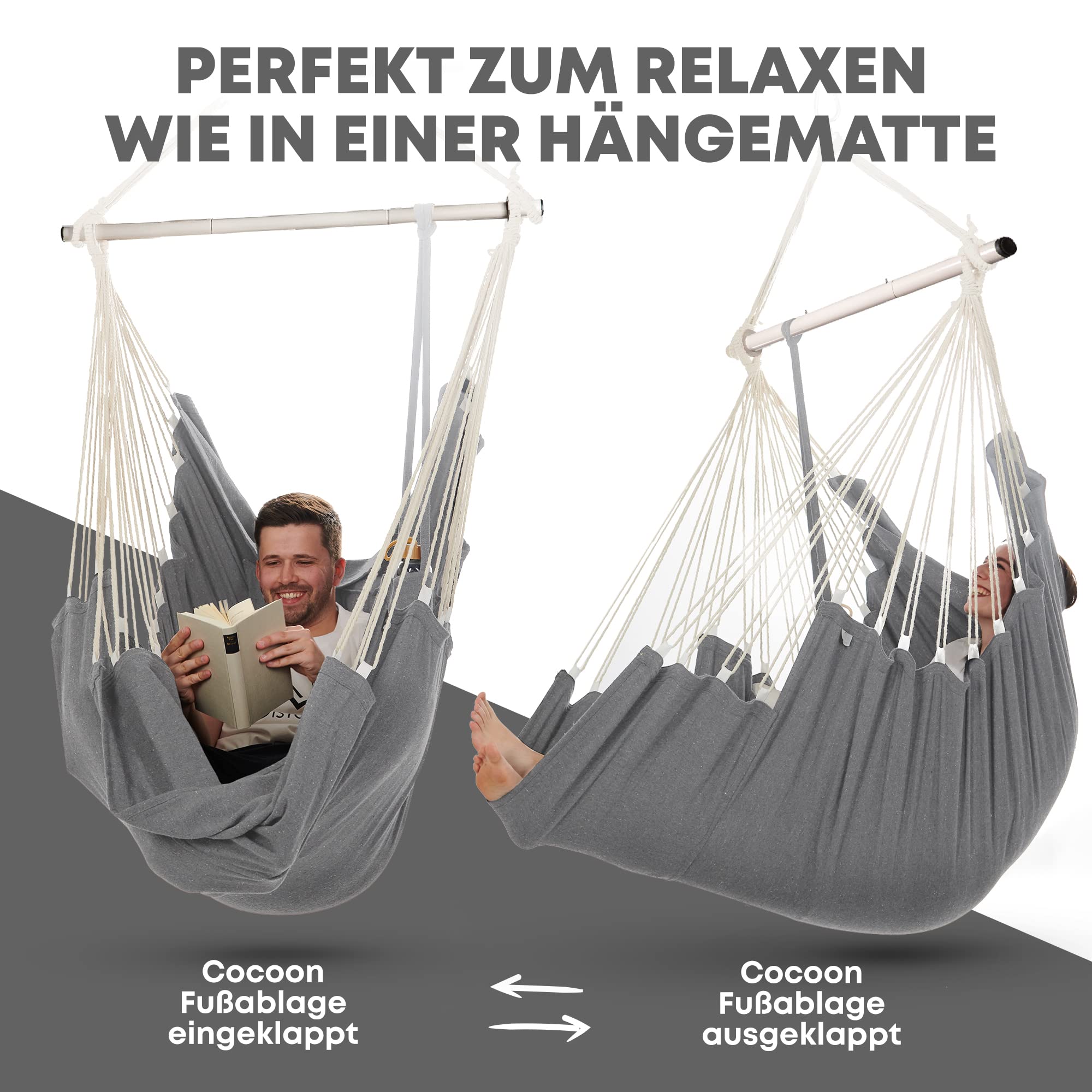 NearDistance® Hängesessel Unity mit Montageset, Hängestuhl Indoor Outdoor, Hängesessel ohne Gestell, Hängeschaukel für Erwachsene & Kinder, mit Fußablage & Kissen (Light-Grey MIT Montageset)