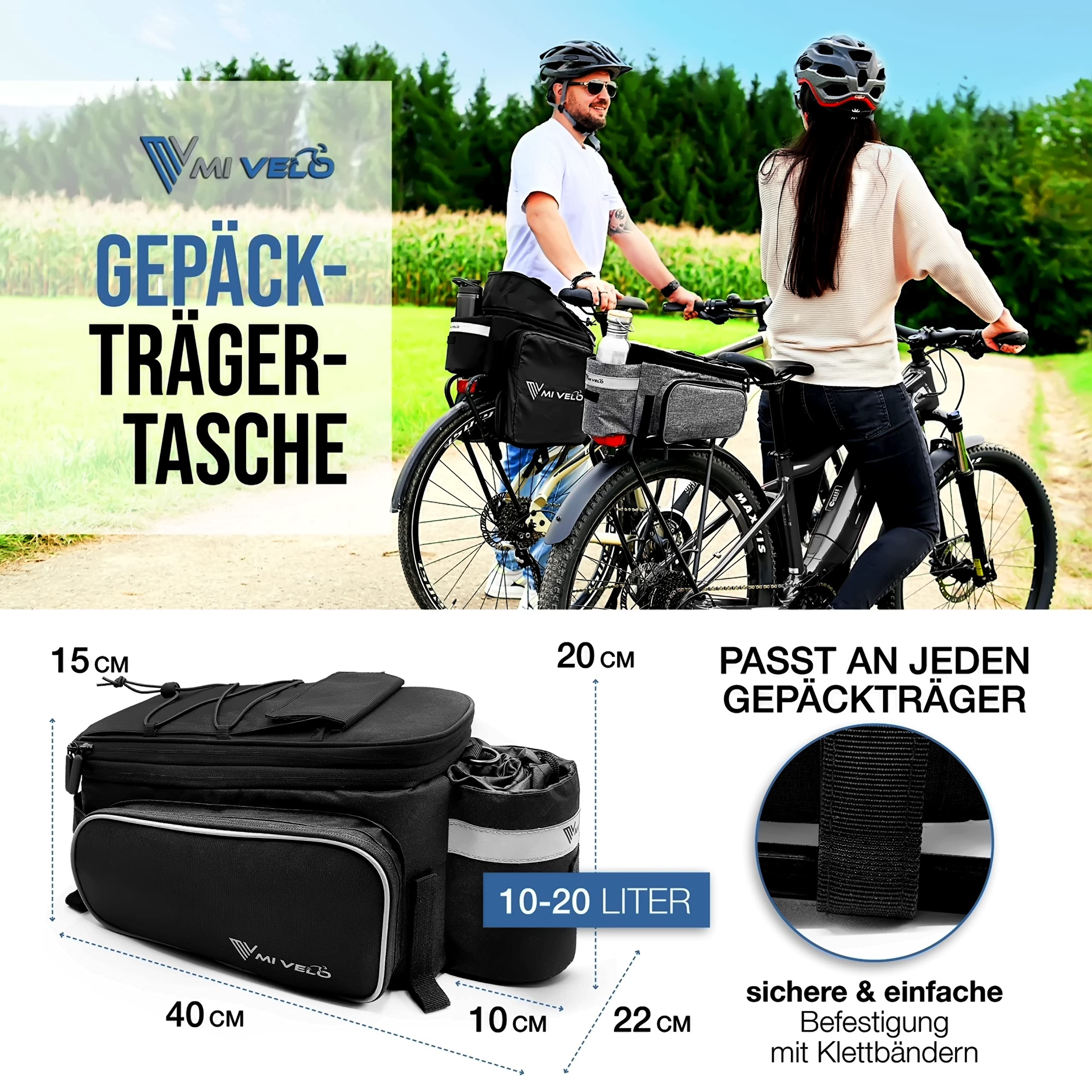 MIVELO - Fahrradtasche für Gepäckträger - Gepäckträgertasche Fahrrad - erweiterbar auf 20L - wasserabweisend - 20L schwarz