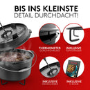 BBQ Dutch Oven - Dutch Oven Set [9L] - Für Induktion geeignet - Mit Topfständer - Eingebrannter Feuertopf aus Gusseisen - inkl. Deckelheber & e-Book