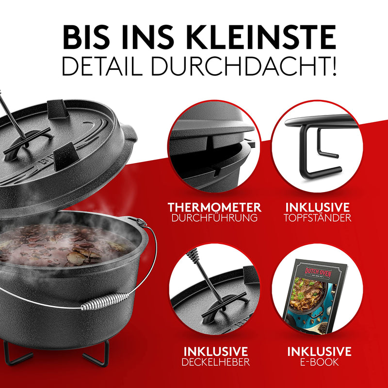 BBQ Dutch Oven - Dutch Oven Set [9L] - Für Induktion geeignet - Mit Topfständer - Eingebrannter Feuertopf aus Gusseisen - inkl. Deckelheber & e-Book