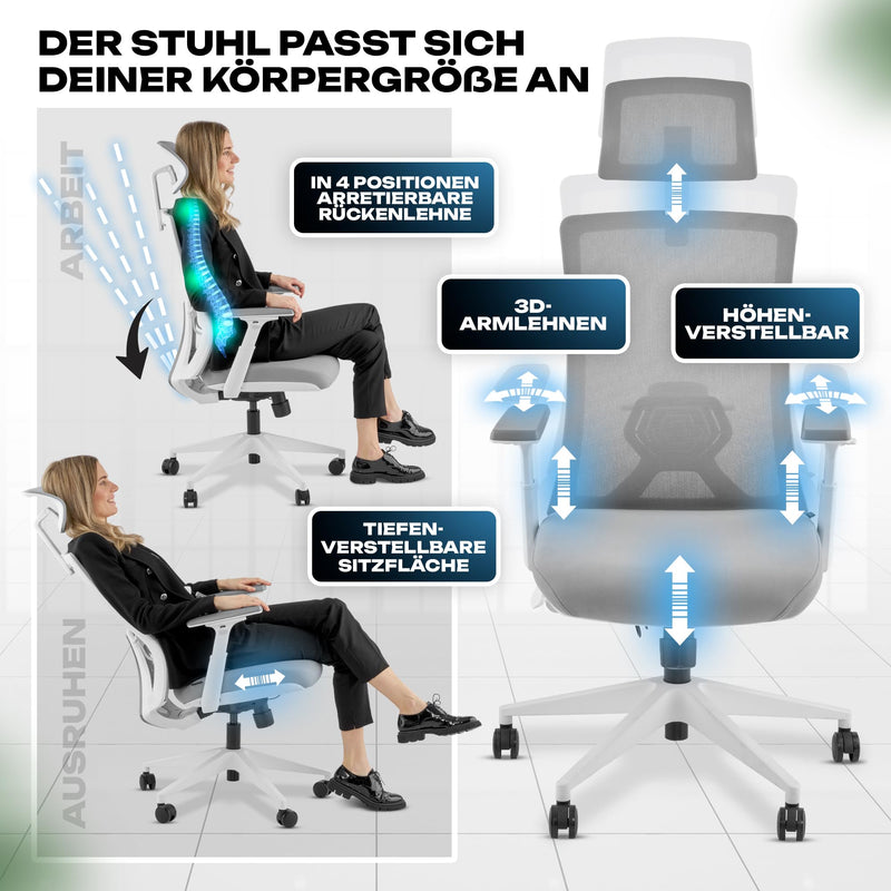 VALKENSTOL M3 Pro Ergonomischer Bürostuhl 150 kg Grau – [Höhenverstellbare Lordosenstütze] Schreibtischstuhl Bürostühle Bürostuhl Ergonomisch PC Stuhl Drehstuhl Office Chair Ergonomic Weiss