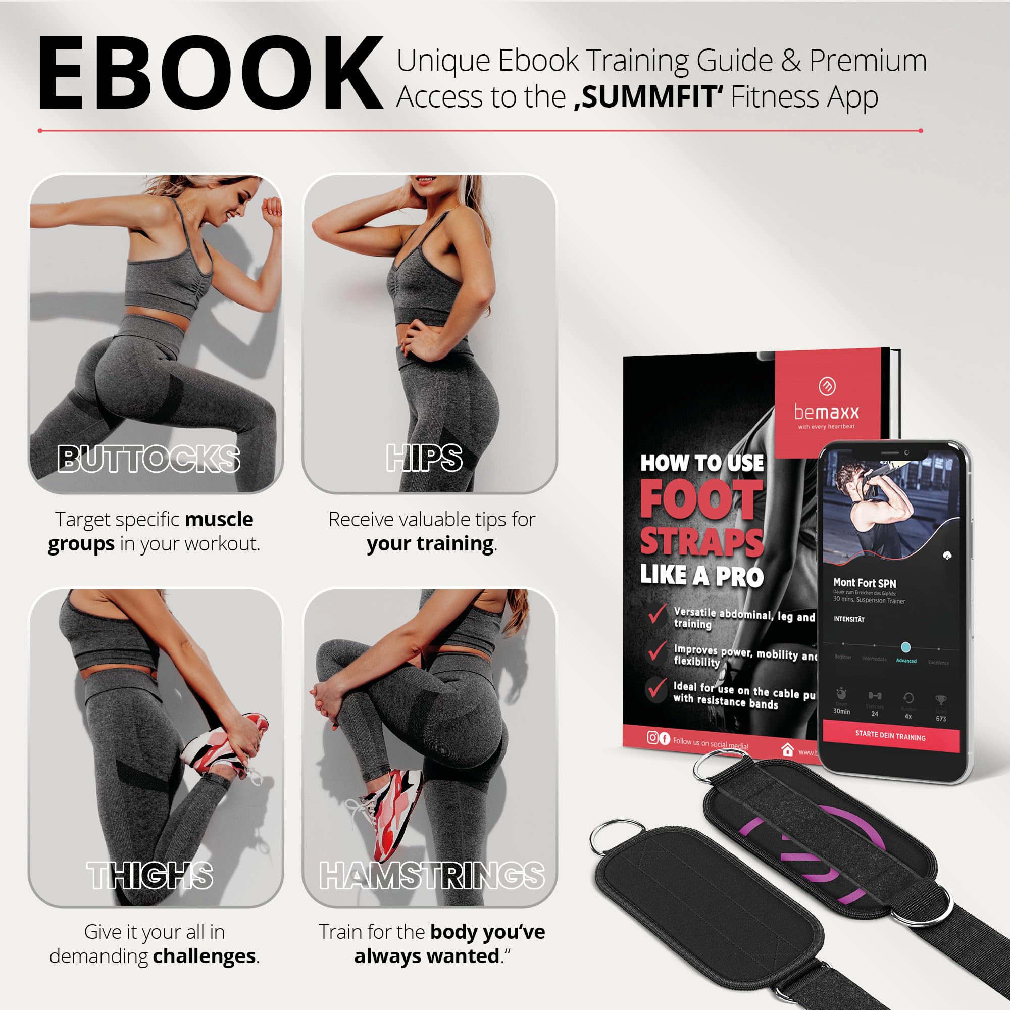 Fußschlaufen für Kabelzug 2er Set Ankle Foot Straps + Trainings-eBook, One-Size gepolsterte Beintrainer, Klettverschluss für Beintraining am Seilzug | Bein Po Fitness Workout Training Frau Mann