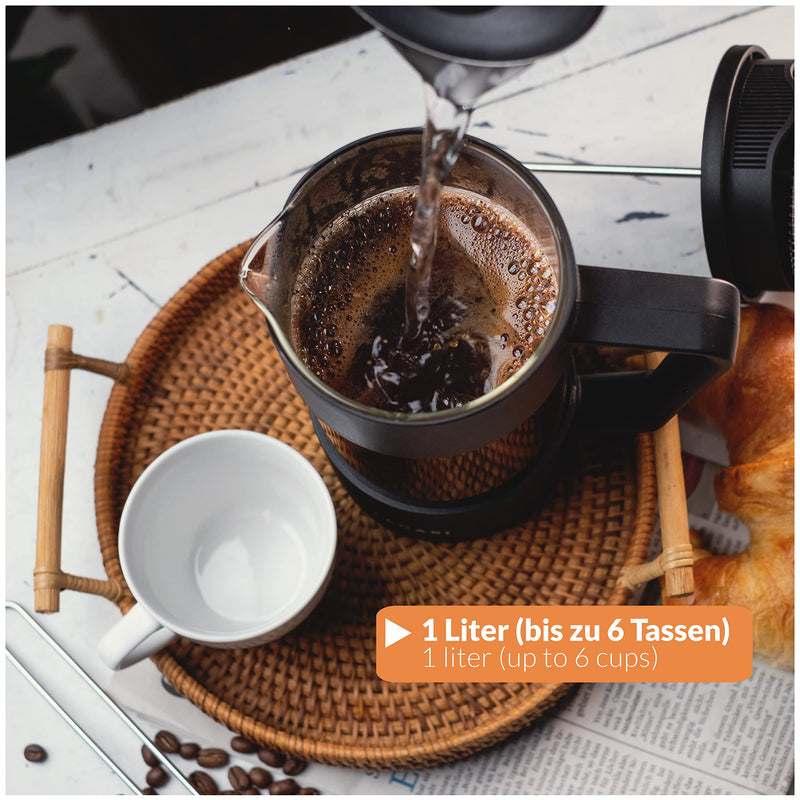 LACARI French Press aus Glas | Kaffeebereiter für 6 Tassen | French Press 1 Liter | Farbe Schwarz | Kaffeepresse 1l mit Ersatzfilter | Geschenk Kaffee