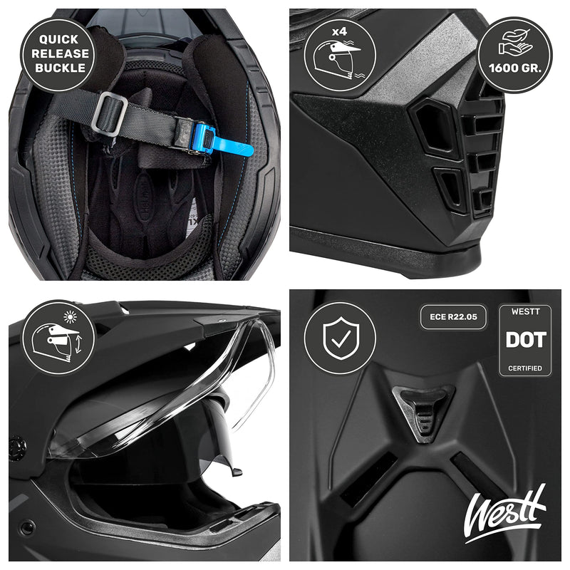 Westt Cross X Motorradhelm I Motocross Helm I Enduro Helm I MTB Helm I Quad Helm I Fullface Helm I Doppelvisier I Herren & Damen I ECE zertifiziert I schwarz l Größe XS (53-54cm)