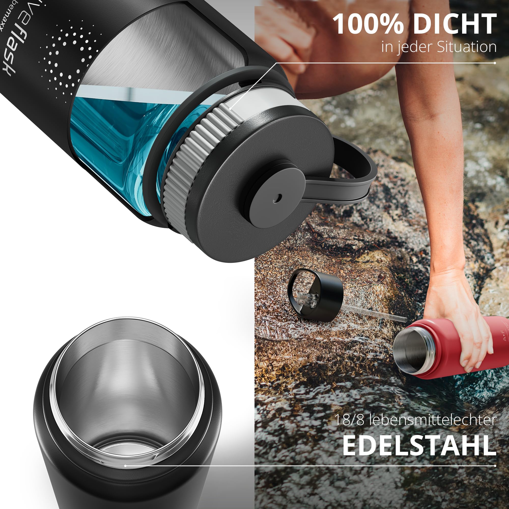 Trinkflasche Edelstahl ACTIVE FLASK + Strohhalm (3 Deckel) BPA-frei, Auslaufsicher, Kohlensäure geeignet - Wasserflasche Fahrrad Thermosflasche Isoliert Isolierflasche Sport Wasser Flasche Kinder Tee