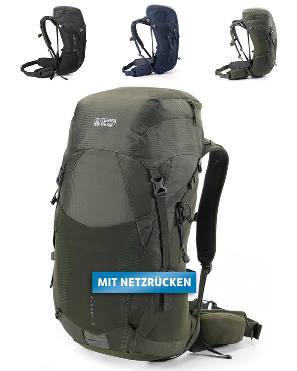 Terra Peak - Wanderrucksack Airant 40 Rückenbelüftung für Damen & Herren mit belüftetem Netz-rücken grün groß - zum Wandern und Camping mit Trinksystem-Vorbereitung - unisex outdoor Backpack leicht