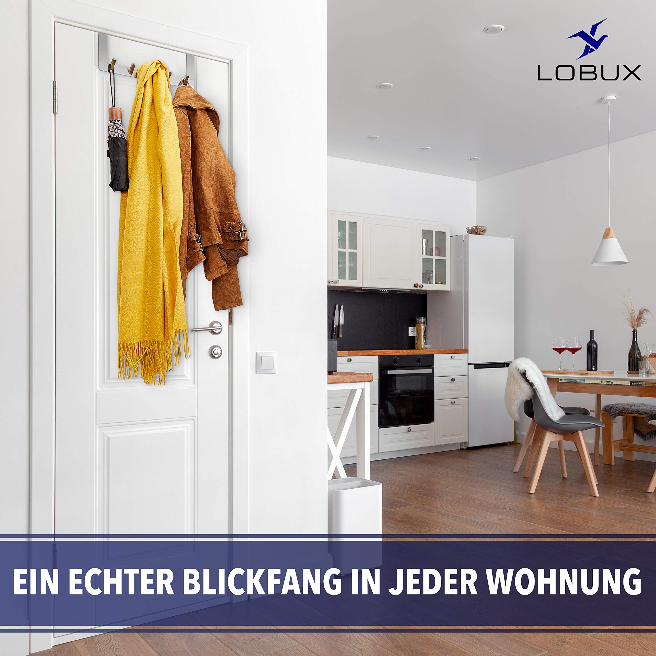 LOBUX® Premium Türgarderobe Edelstahl rostfrei - Türhakenleiste modernes Design - Kleiderhaken Tür ohne Bohren - Türhaken für Küche Flur Bad Wohnzimmer Schlafzimmer (Türfalzstärke bis 2cm)