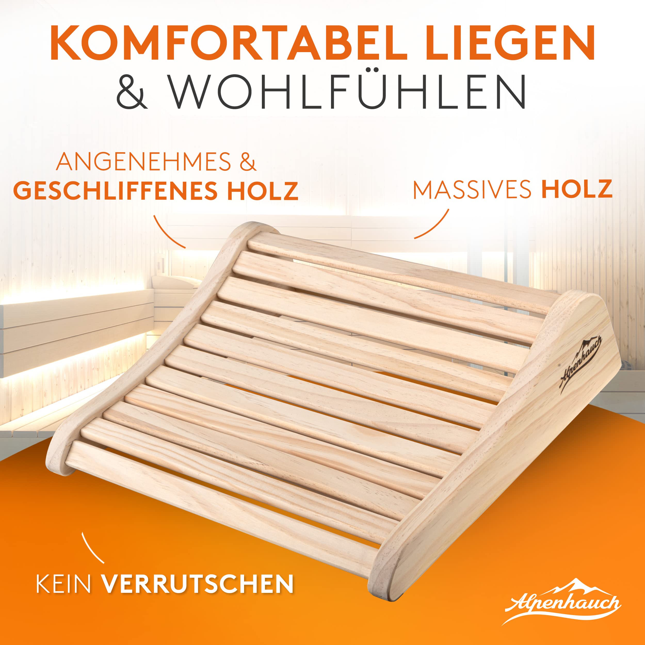 ALPENHAUCH Sauna Kopfstütze Holz [100% Naturholz] - Ergonomische Saunakopfstütze Holz - Edles Sauna Zubehör Infrarotkabine - Komfortable & breite Kopfstütze Sauna Holz für Sauna & Infrarotkabine