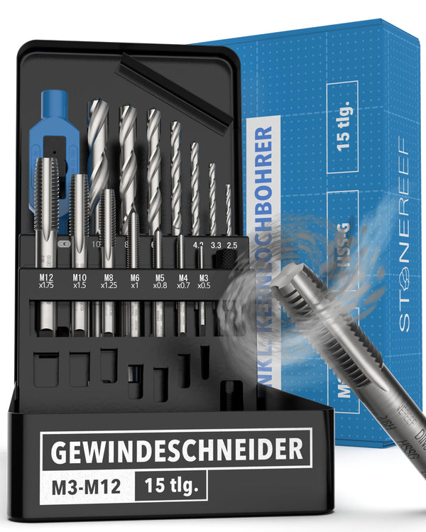 STONE REEF Gewindeschneider Set [inkl. Kernlochbohrer] Hochwertiges HSS-G Material für M3 bis M12 Gewinde - Rohrgewindeschneider, Kernlochbohrer, Gewindeschneidesatz, Gewindeschneider Set mit Bohrer