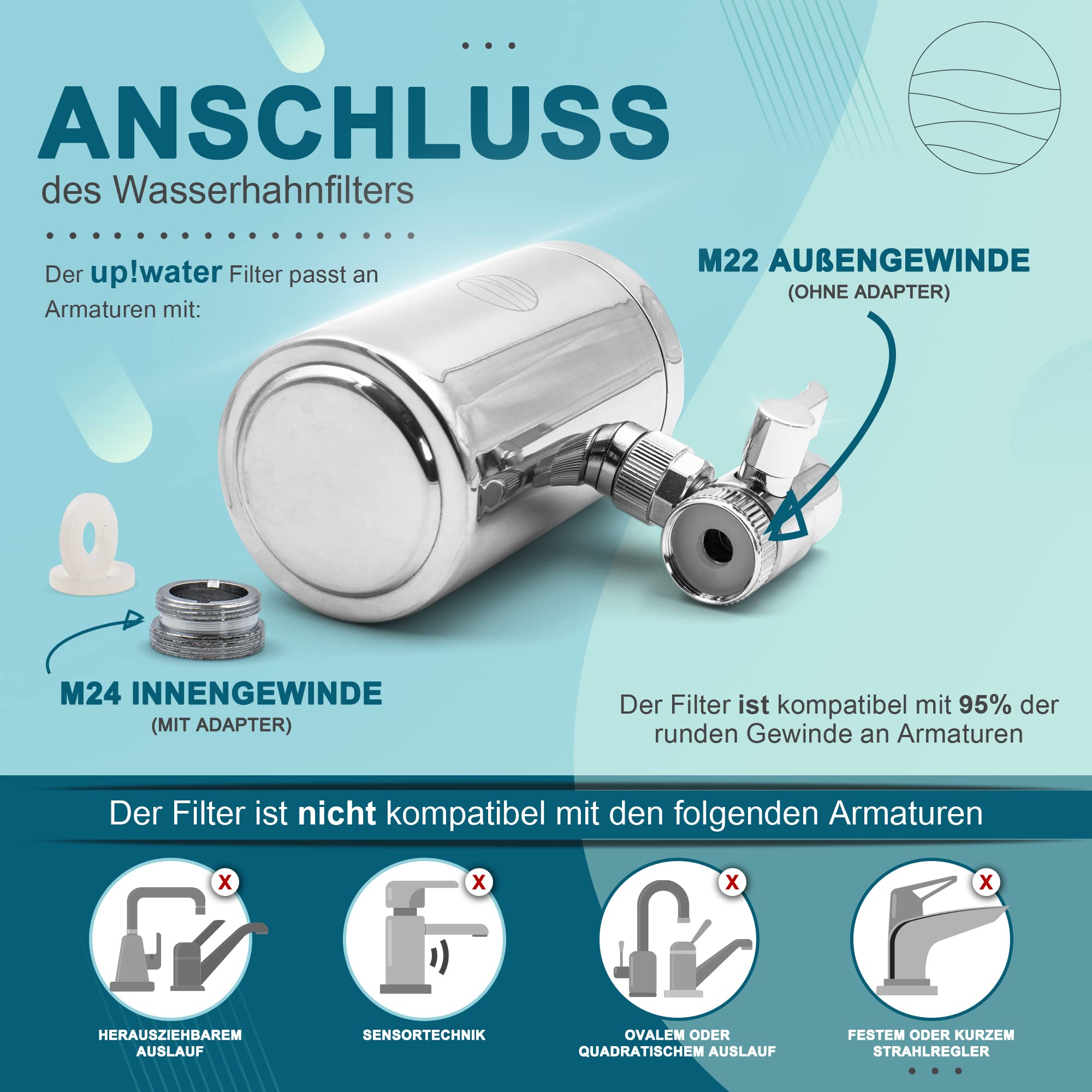 up!water® Wasserfilter für Wasserhahn | Edelstahl | Leitungswasser filtern | Filter für Armatur | Trinkwasserfilter mit Kartusche aus nachhaltigem CoconutBlock