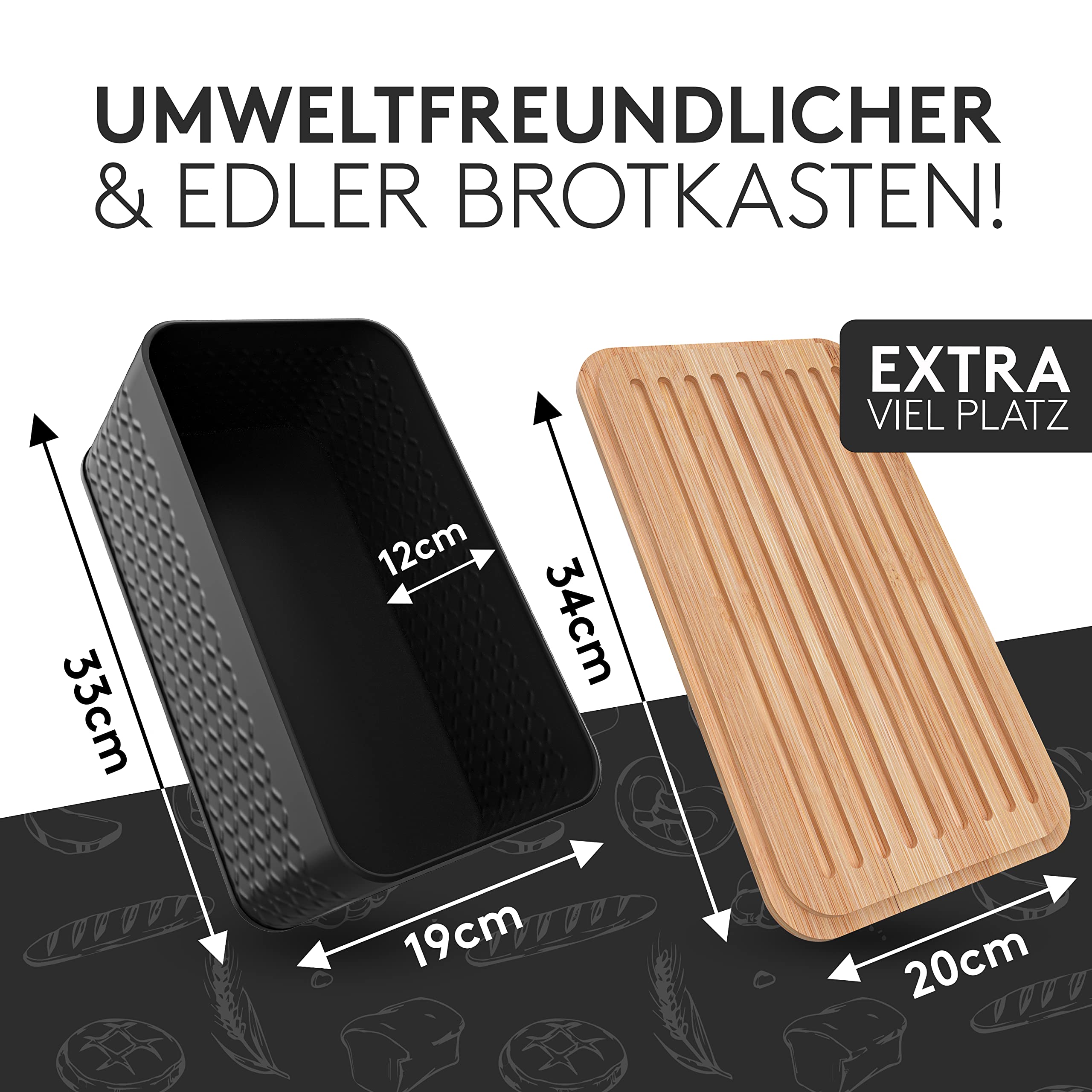 DIVARØ Brotkasten – Brotbox mit Bambusdeckel [2in1 Funktion] – Aus Karbonstahl für lange Frische – Nachhaltiger Brottopf – Brotbehälter & Brotsack – Brotkorb mit praktischem Schneidebrett –33x19x12cm